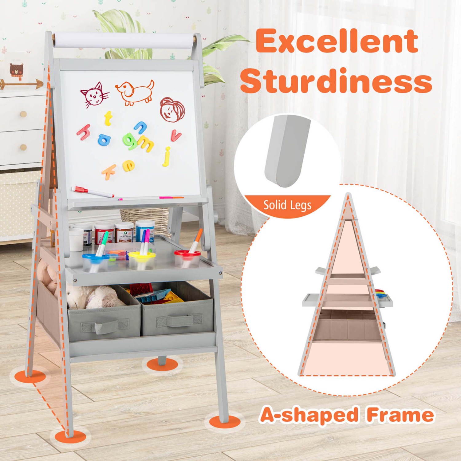 Costway 3-in-1 Art Easel for Kids with Magnetic Chalkboard & Whiteboard Paper Roll Gray/White/Pink/Green