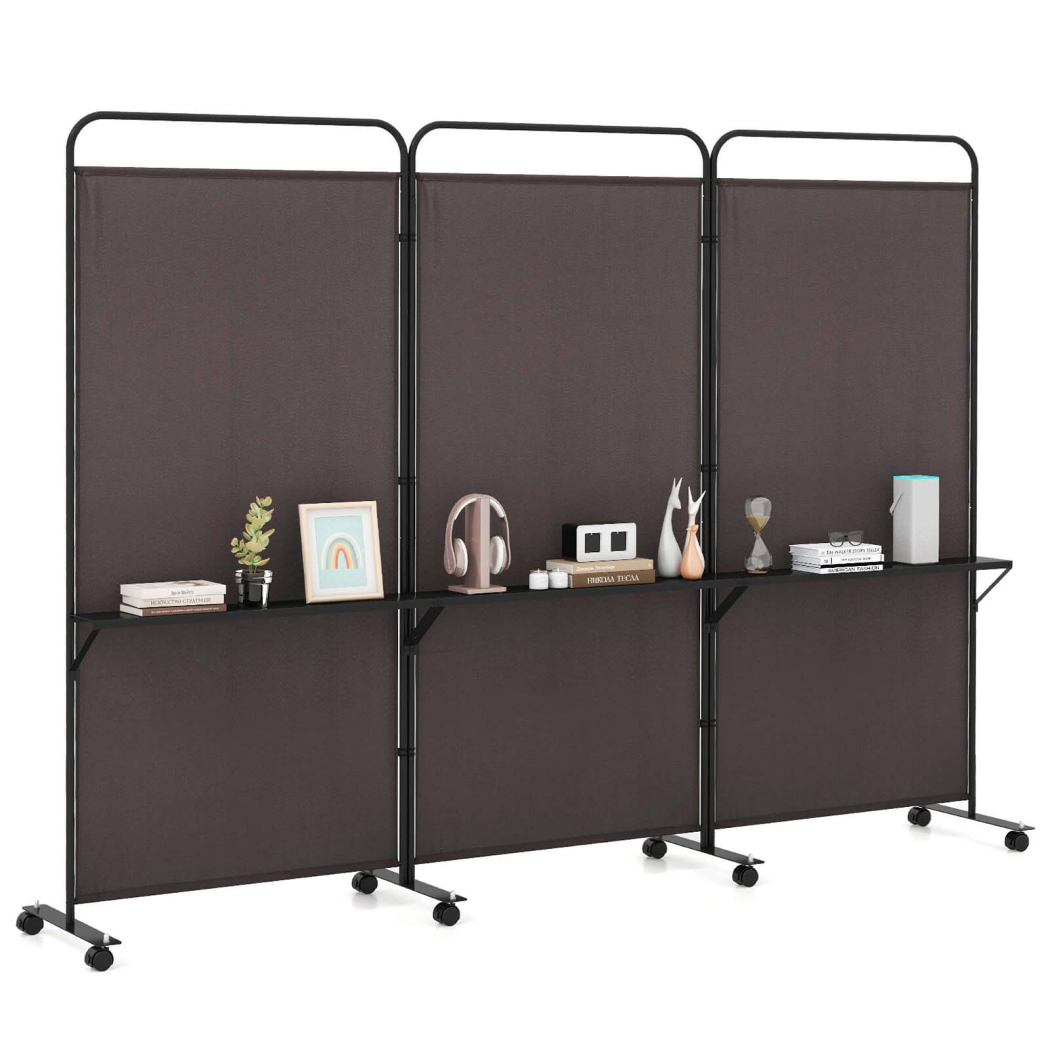 Costway 3-Panel Room Divider with Storage Shelves 6FT Tall Folding Privacy Screen on Wheels Black/White/Gray/Brown