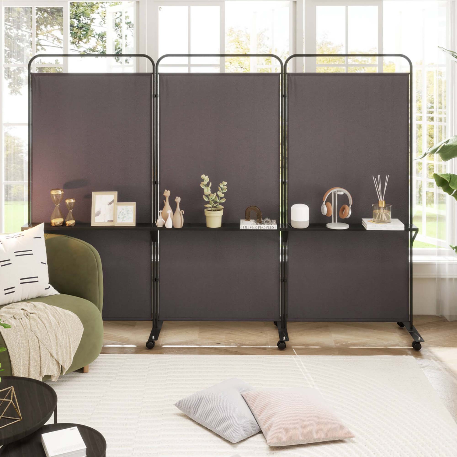 Costway 3-Panel Room Divider with Storage Shelves 6FT Tall Folding Privacy Screen on Wheels Black/White/Gray/Brown