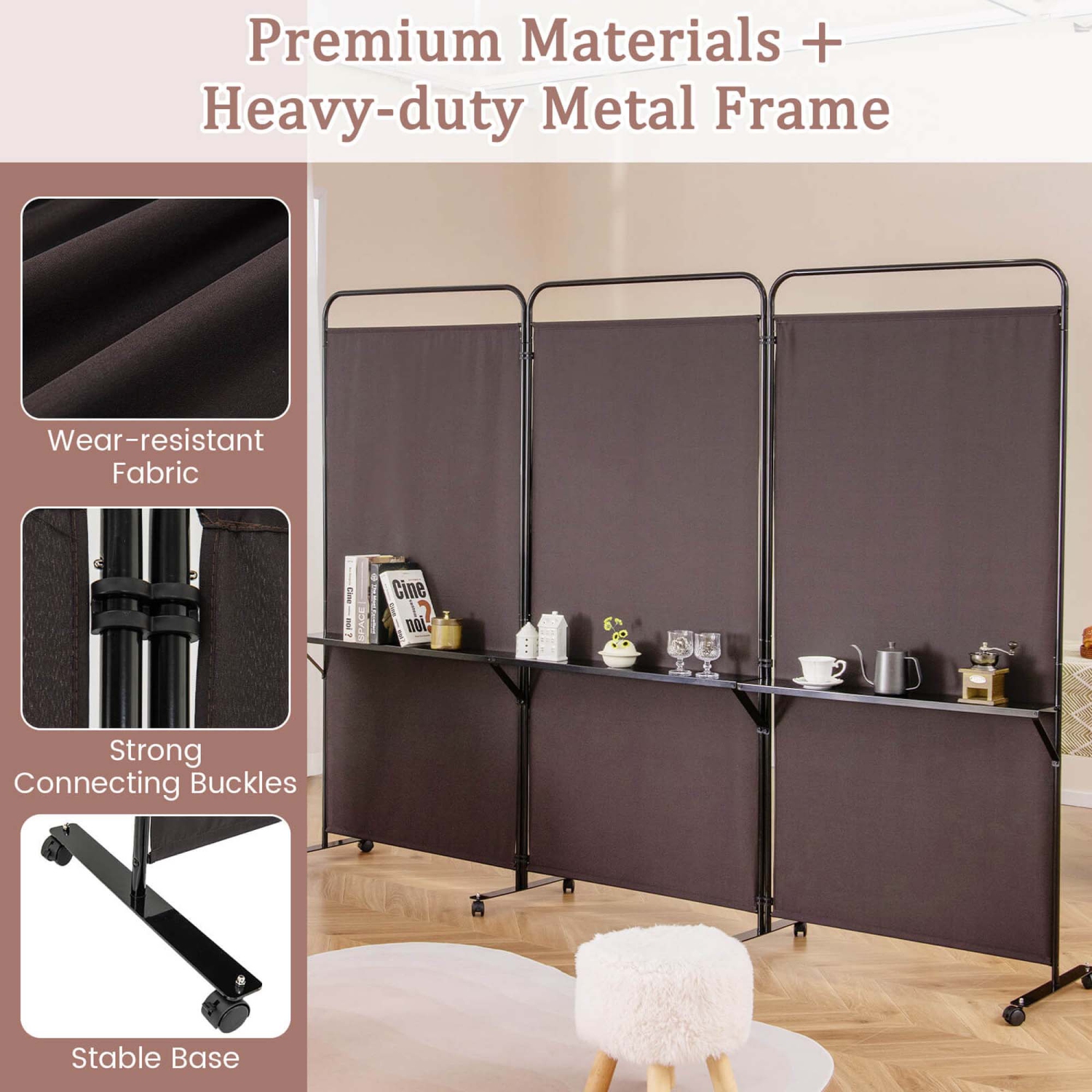 Costway 3-Panel Room Divider with Storage Shelves 6FT Tall Folding Privacy Screen on Wheels Black/White/Gray/Brown