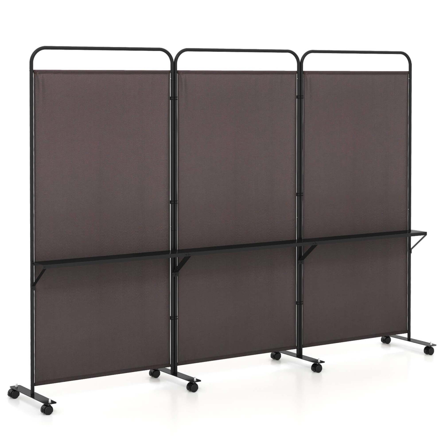 Costway 3-Panel Room Divider with Storage Shelves 6FT Tall Folding Privacy Screen on Wheels Black/White/Gray/Brown