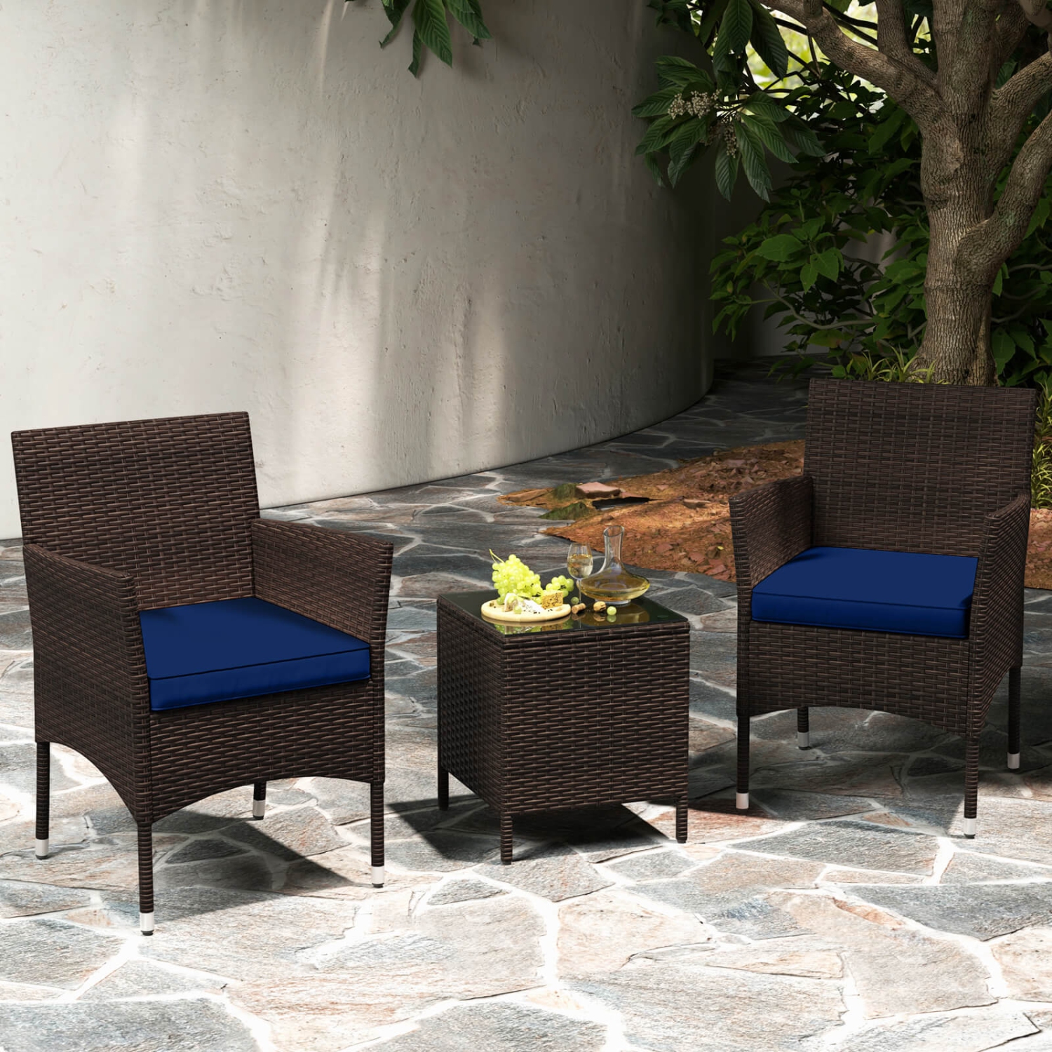 Costway 3 PCS Outdoor Conversation Set with Cushioned Seat & Tempered Glass Tabletop