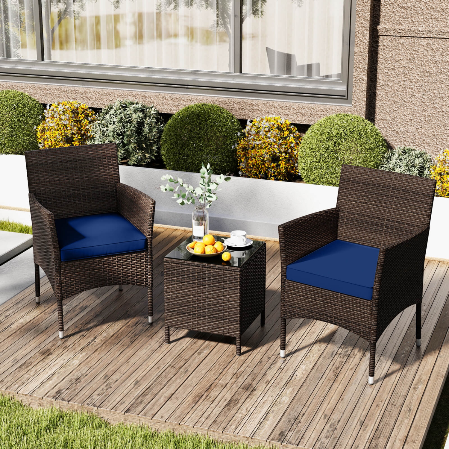 Costway 3 PCS Outdoor Conversation Set with Cushioned Seat & Tempered Glass Tabletop