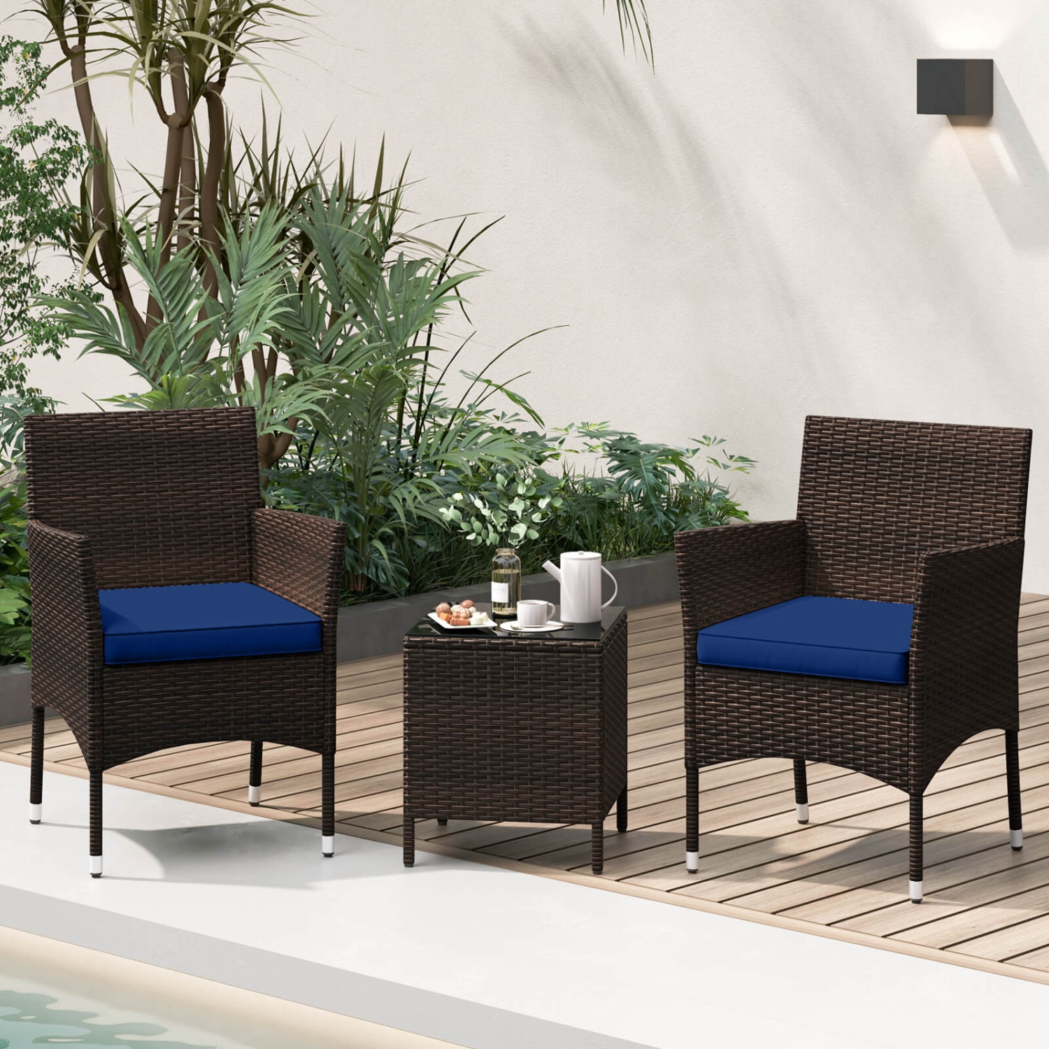 Costway 3 PCS Outdoor Conversation Set with Cushioned Seat & Tempered Glass Tabletop