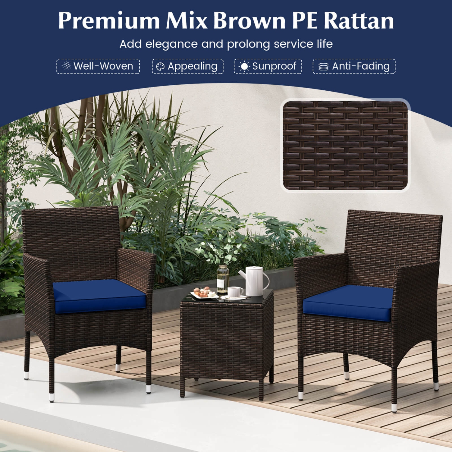 Costway 3 PCS Outdoor Conversation Set with Cushioned Seat & Tempered Glass Tabletop