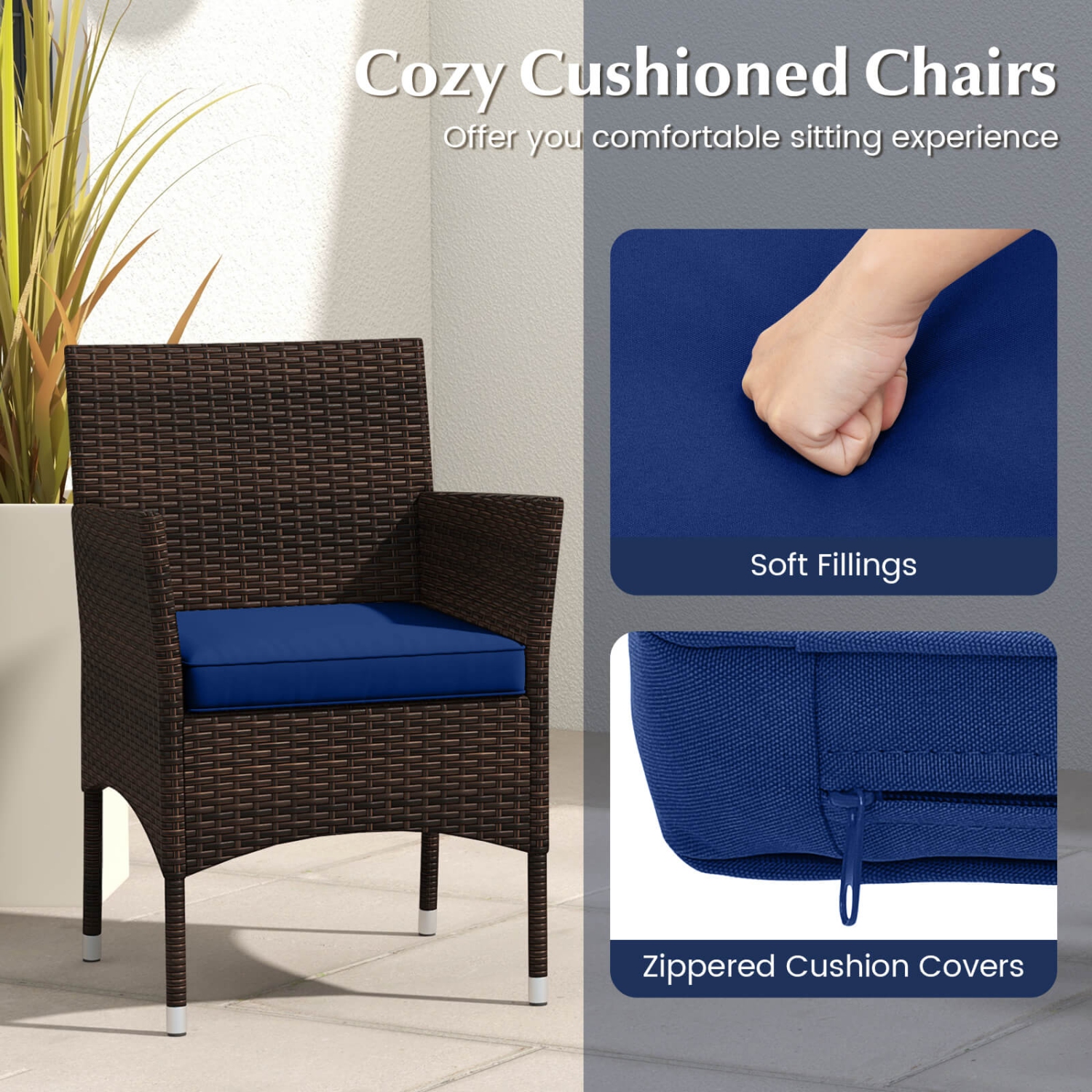 Costway 3 PCS Outdoor Conversation Set with Cushioned Seat & Tempered Glass Tabletop