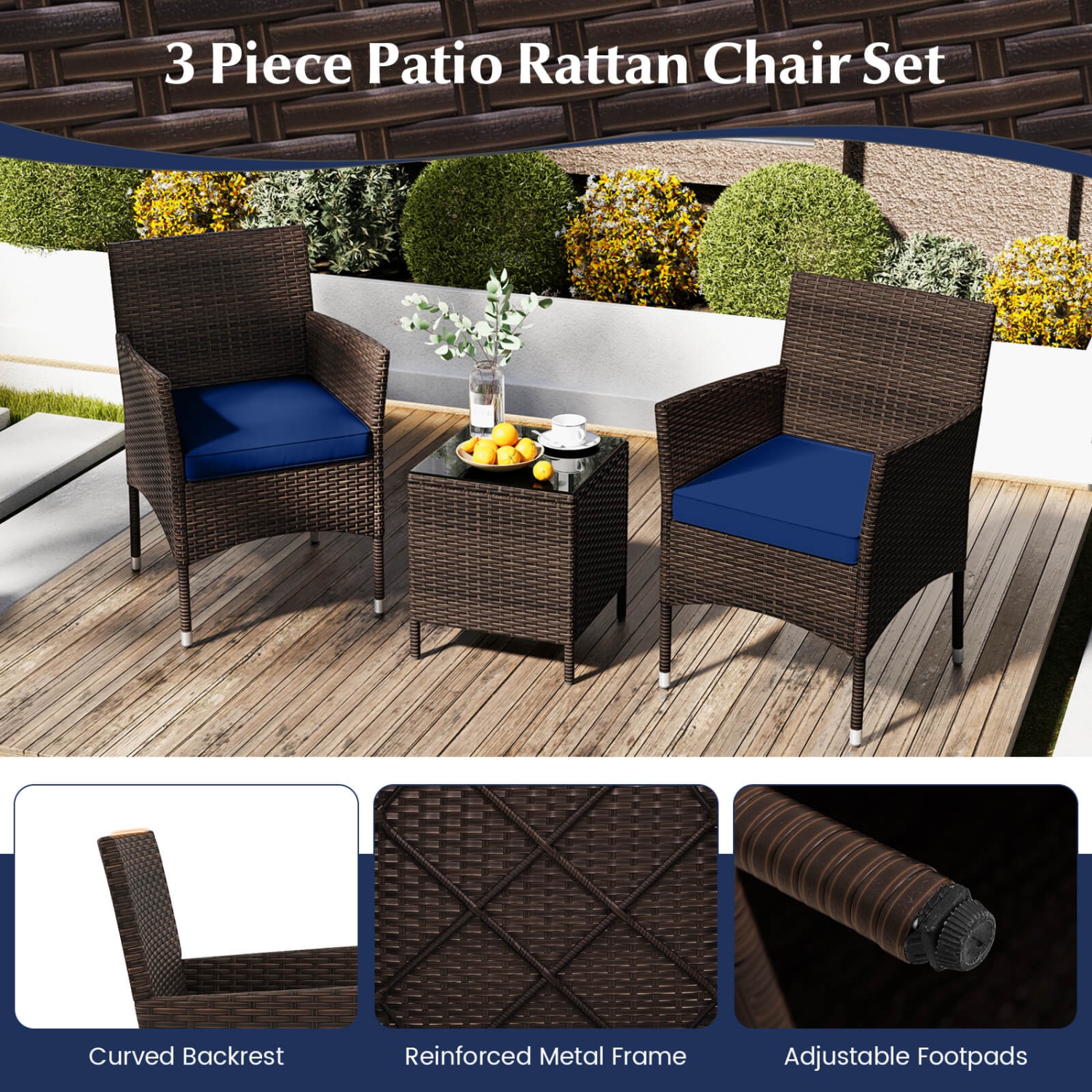 Costway 3 PCS Outdoor Conversation Set with Cushioned Seat & Tempered Glass Tabletop