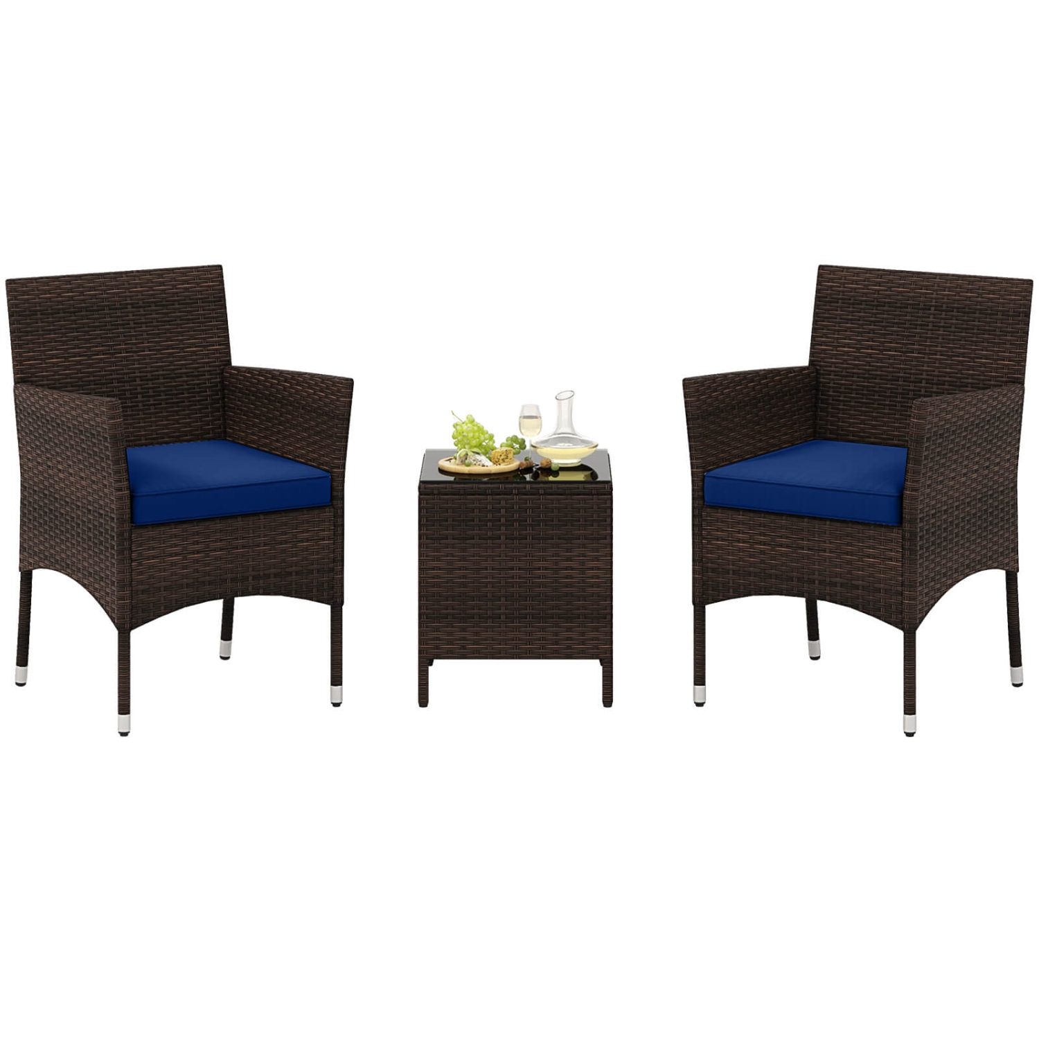 Costway 3 PCS Outdoor Conversation Set with Cushioned Seat & Tempered Glass Tabletop
