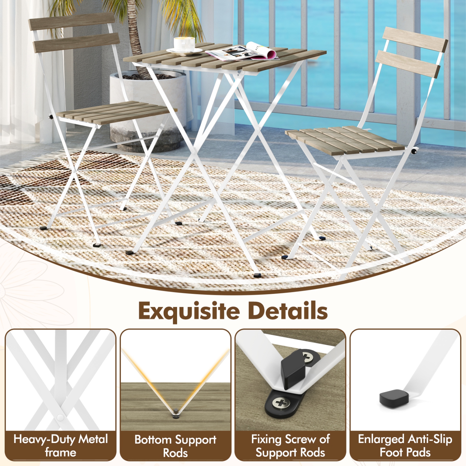 Costway 3 PCS Patio Acacia Wood Bistro Set Bistro Table with 2 Folding Chairs Slatted Seat Brown/Gray