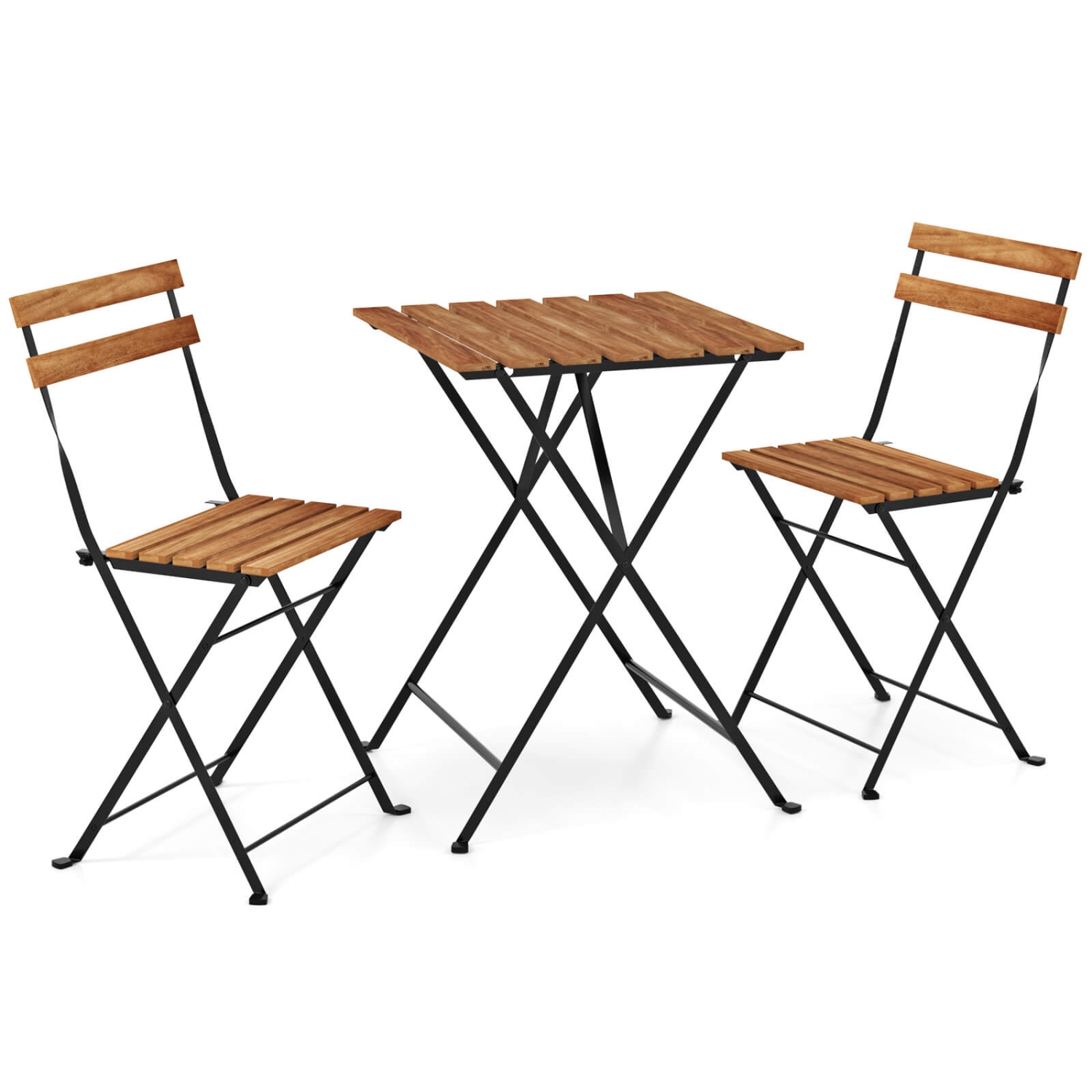 Costway 3 PCS Patio Acacia Wood Bistro Set Bistro Table with 2 Folding Chairs Slatted Seat Brown/Gray