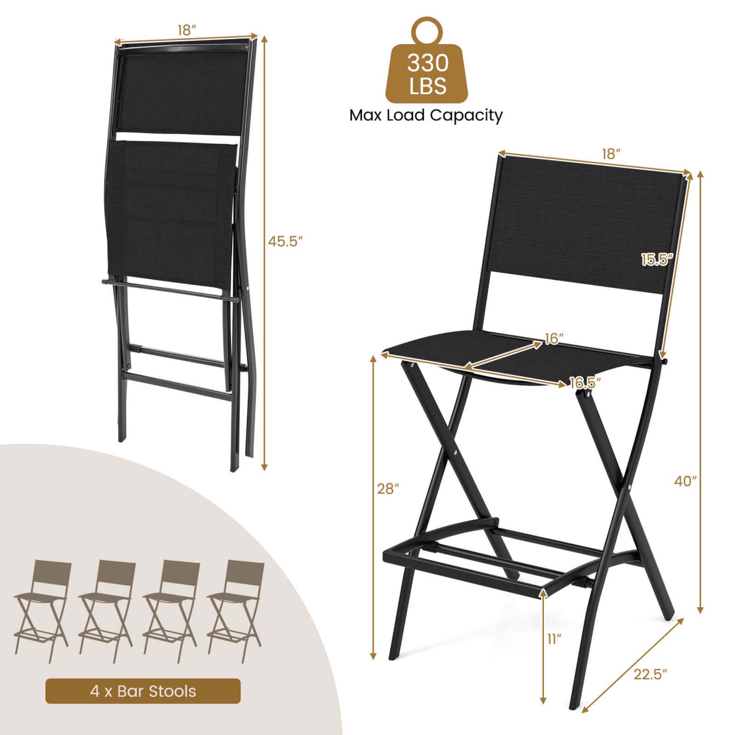 Costway Set of 4 Outdoor Bar Chair Folding Bar Height Stool with Metal Frame