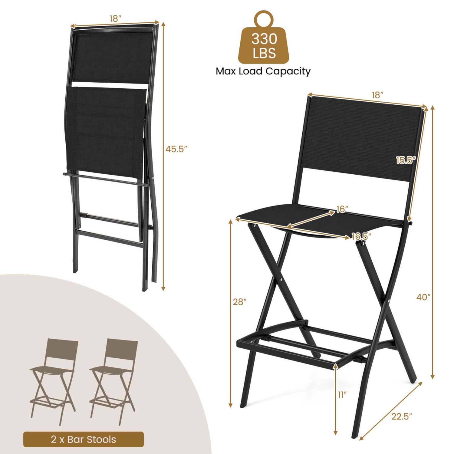 Costway Set of 2 Outdoor Bar Chair Folding Bar Height Stool with Metal Frame