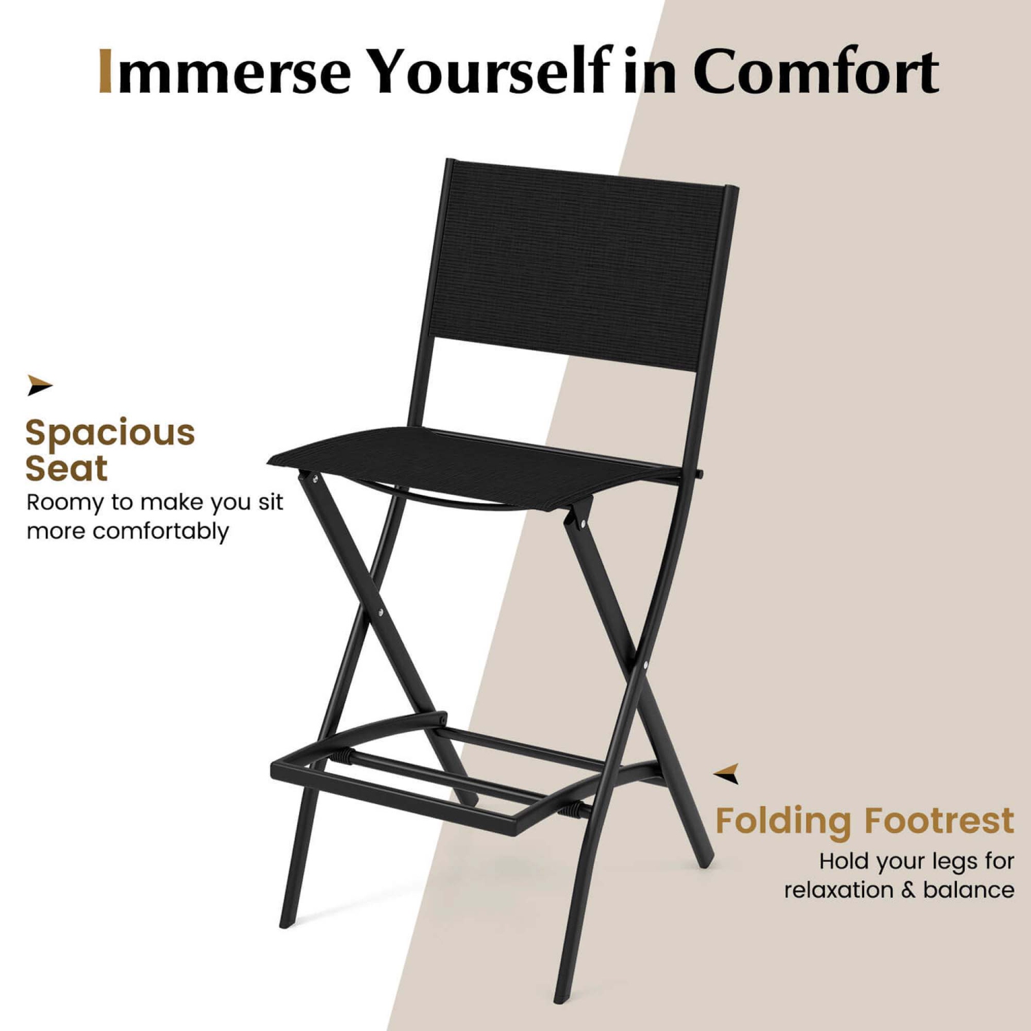 Costway Set of 2 Outdoor Bar Chair Folding Bar Height Stool with Metal Frame