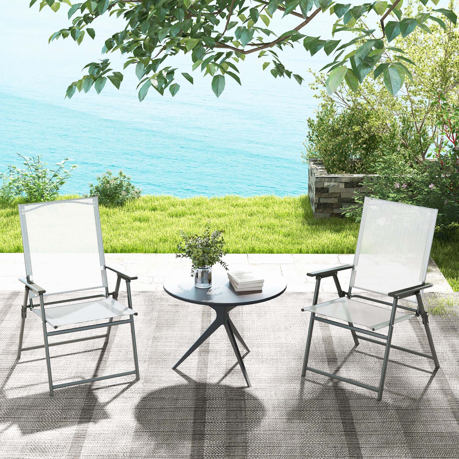 Costway 2pcs Patio Folding Portable Dining Chairs Metal Frame Armrests Garden Outdoor