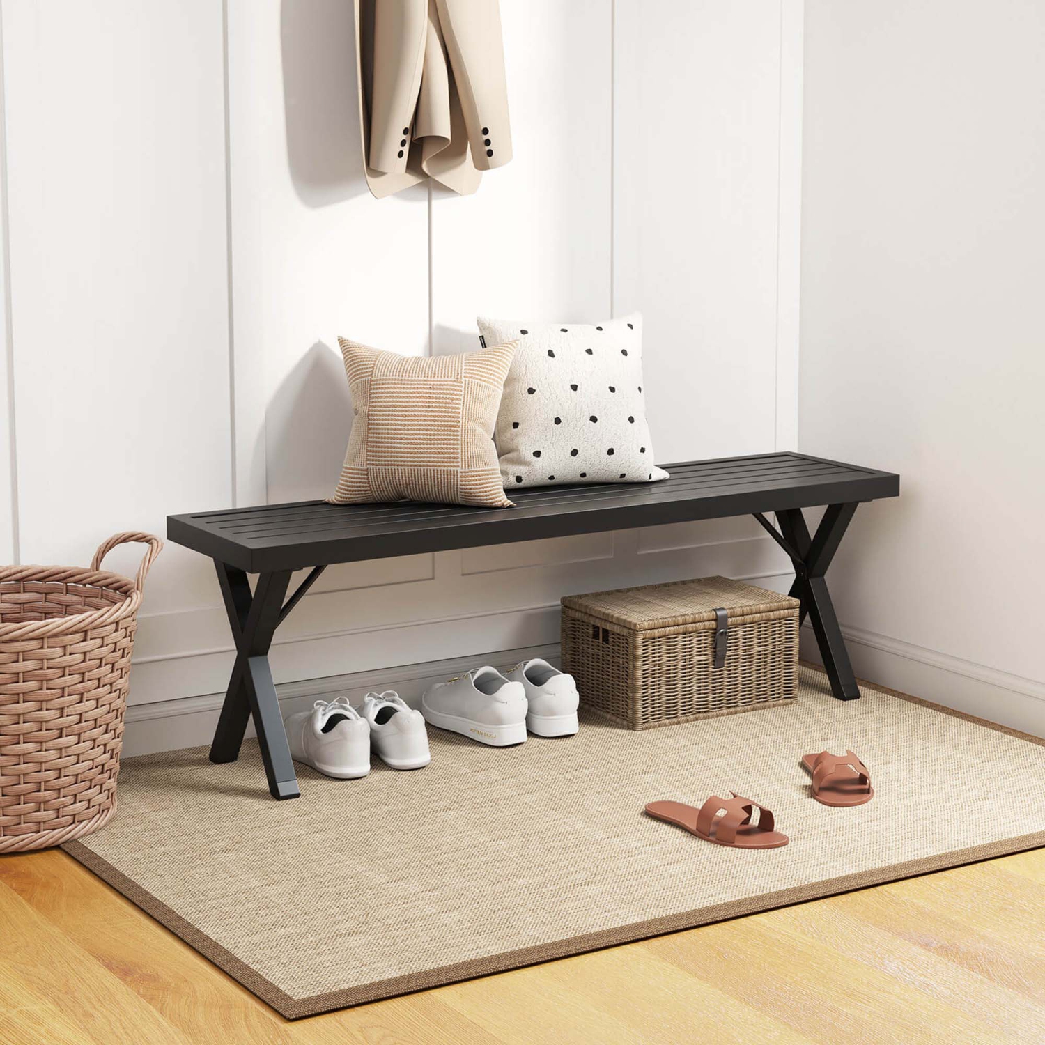 Banc de patio en métal de 54&nbsp;po 1/2 PCS de Costway avec siège à lattes et causeuse sans dossier à pattes en X pour la cour