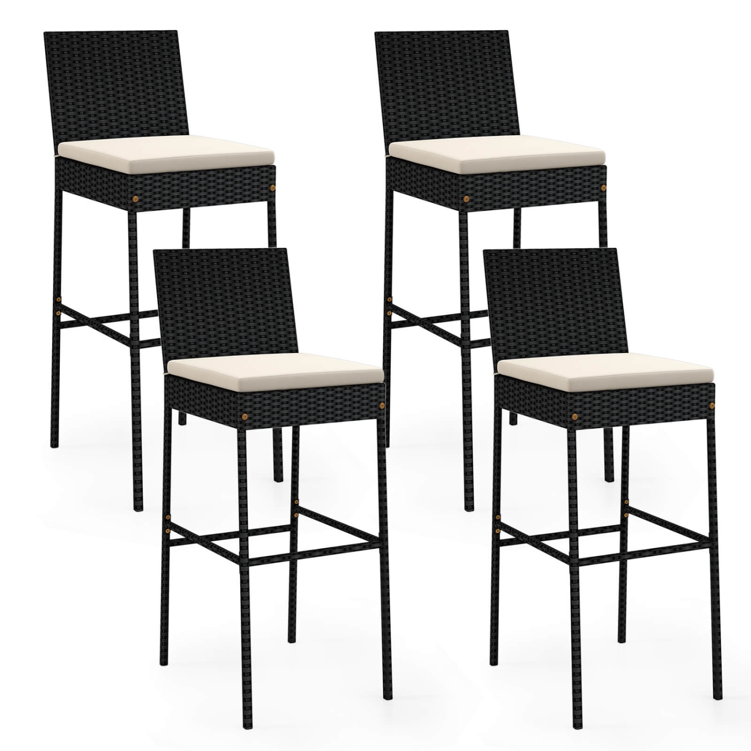 Costway 4 PCS Patio Wicker Barstools Bar Height Chairs with Cushions Backyard Off-White