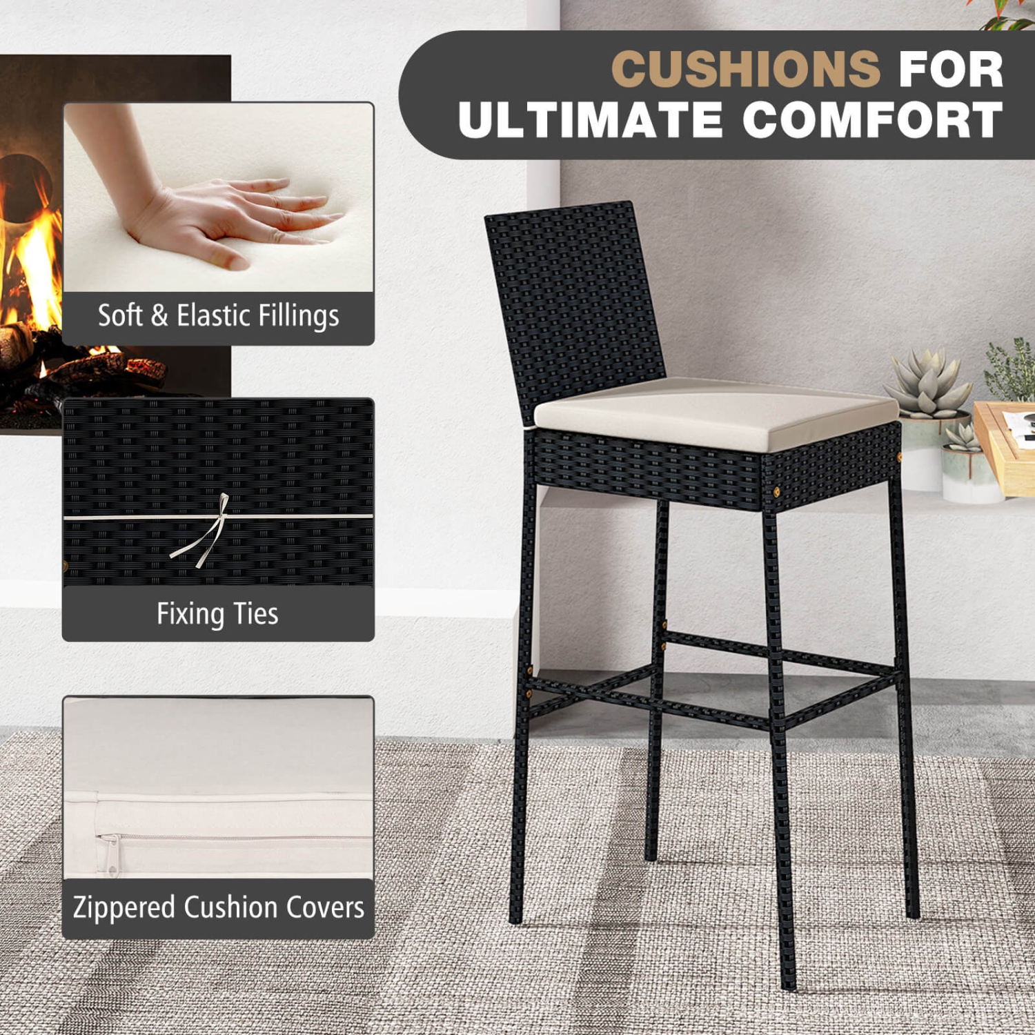 Costway 4 PCS Patio Wicker Barstools Bar Height Chairs with Cushions Backyard Off-White