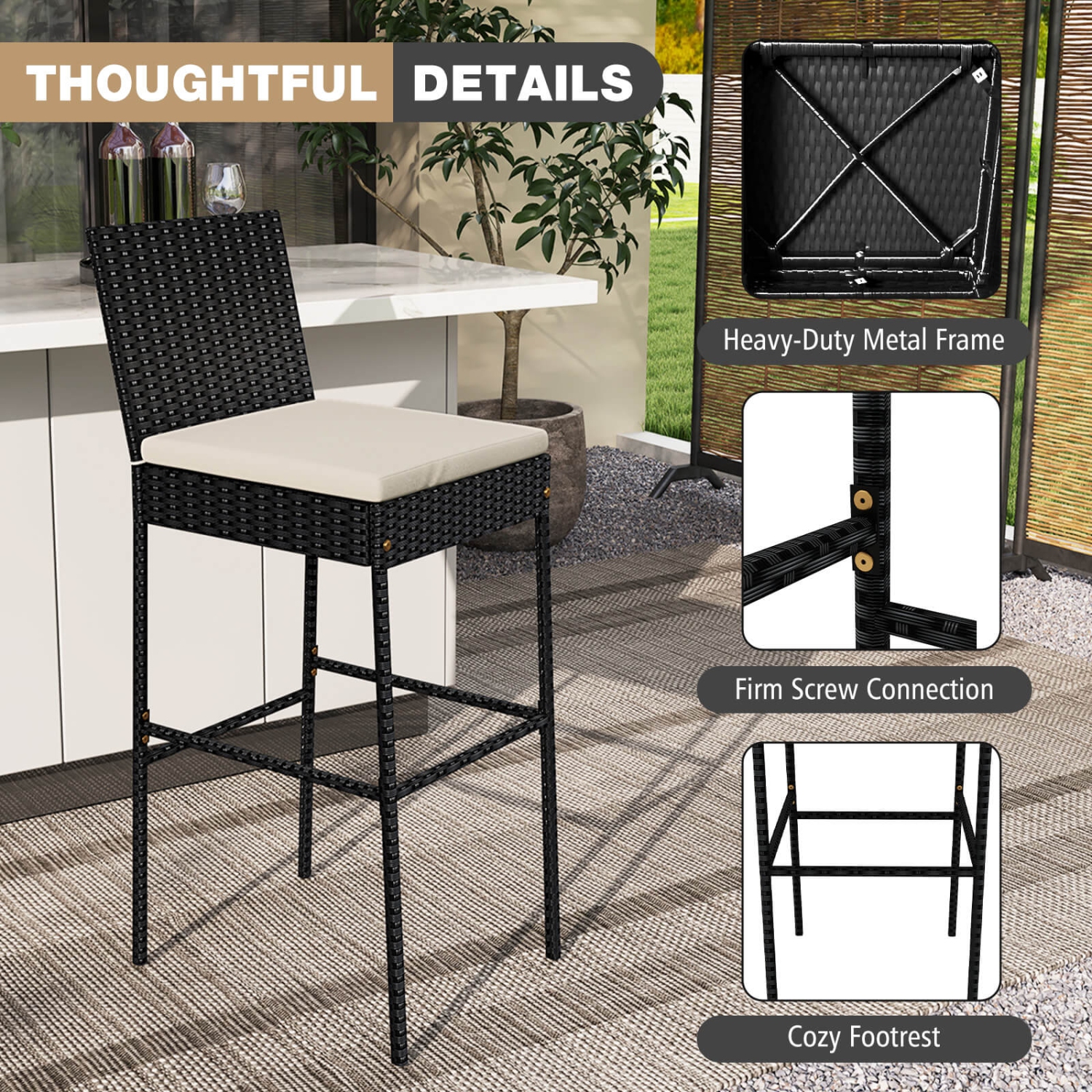 Costway 4 PCS Patio Wicker Barstools Bar Height Chairs with Cushions Backyard Off-White