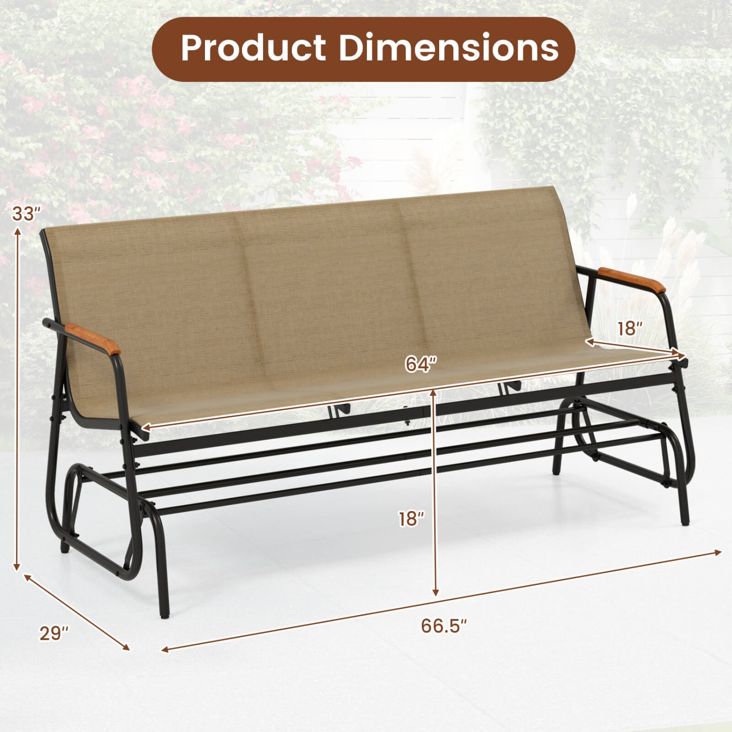 Costway Patio Glider Bench for 3 Swing Gliding Loveseat with Curved Teak Armrests for Porch