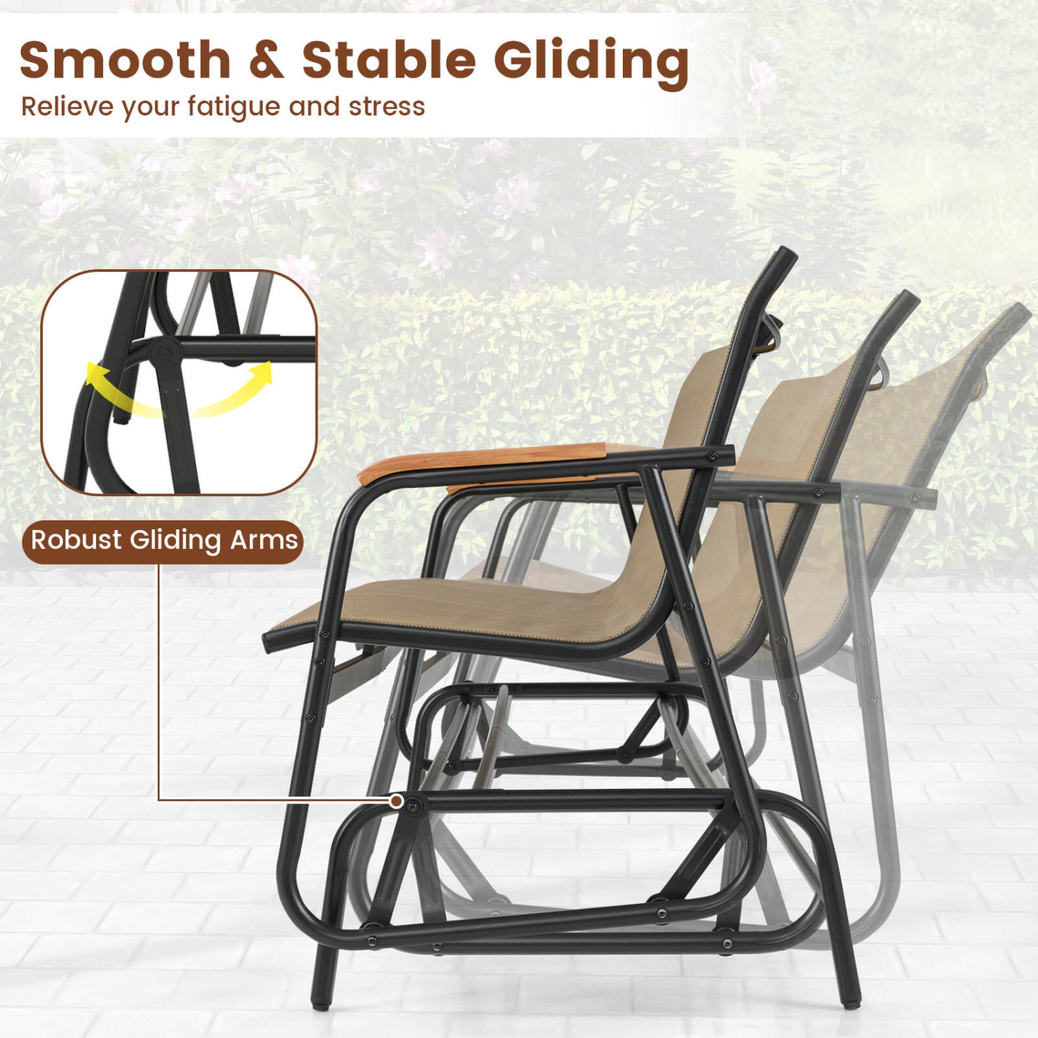 Costway Patio Glider Bench for 3 Swing Gliding Loveseat with Curved Teak Armrests for Porch