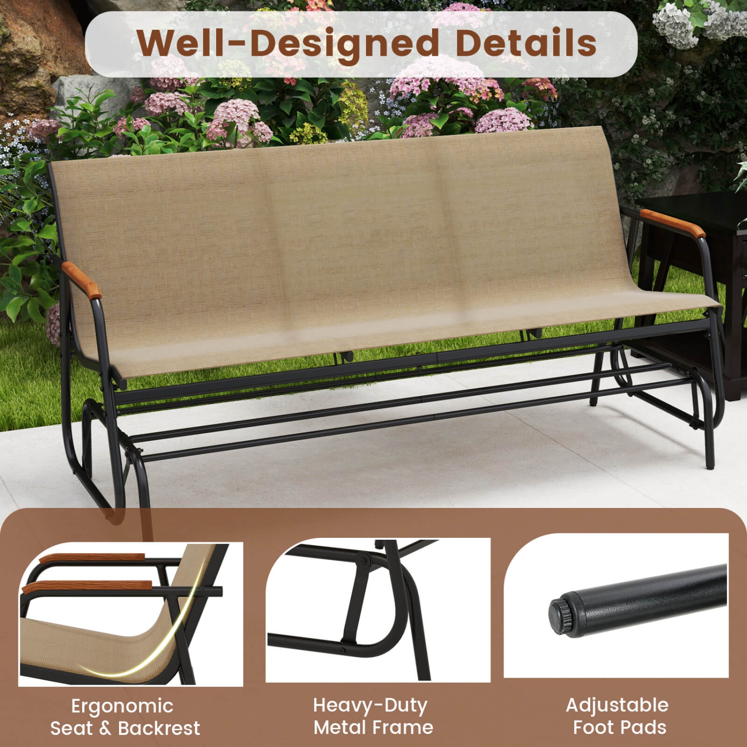 Costway Patio Glider Bench for 3 Swing Gliding Loveseat with Curved Teak Armrests for Porch