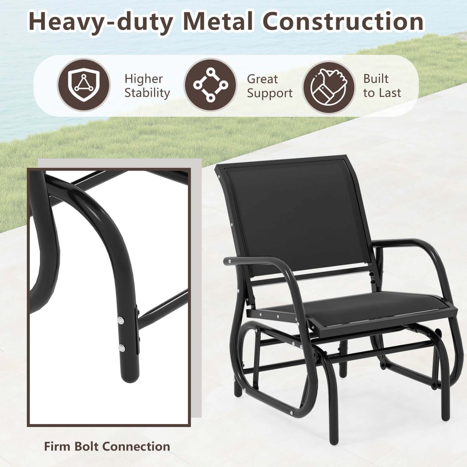 Costway Outdoor Single Swing Glider Rocking Chair Armrest Garden Porch Backyard