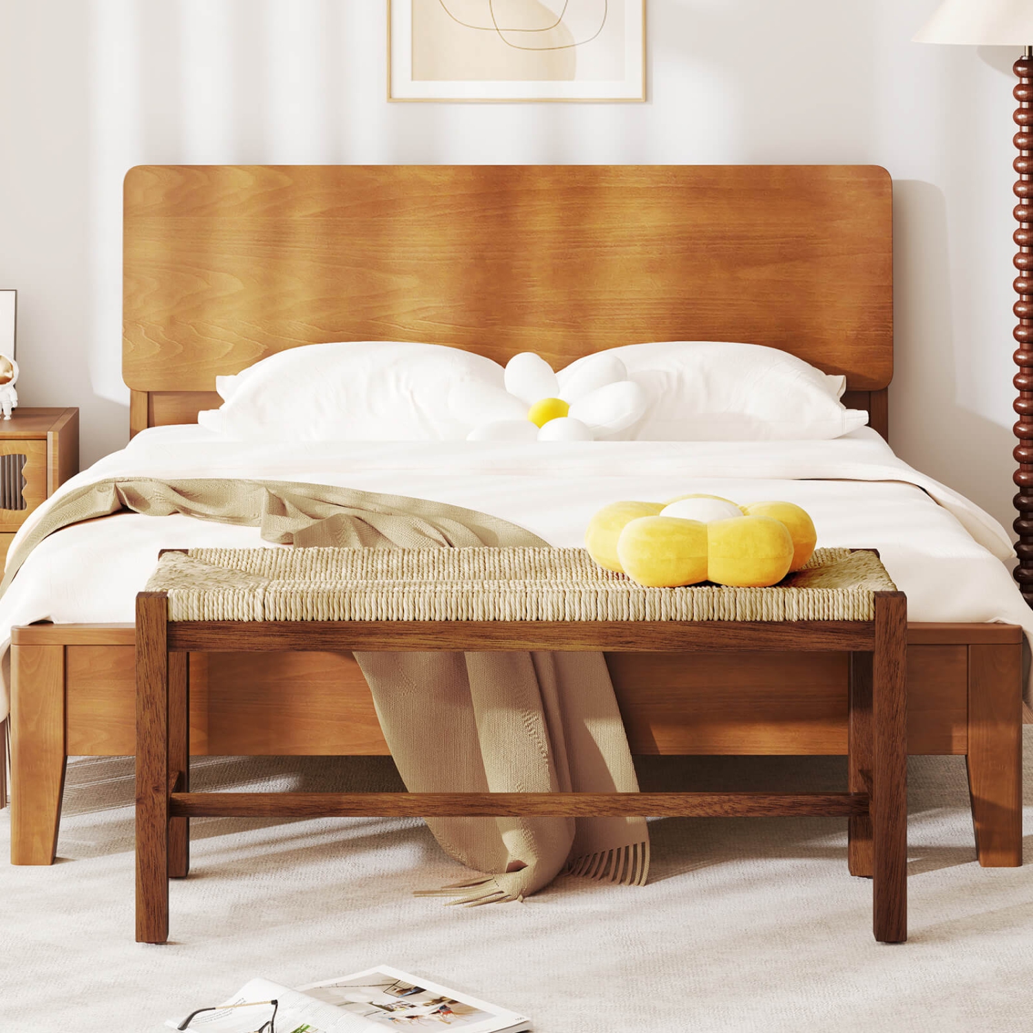 Banc intérieur en bois de 40 po de long pour salle à manger Entrée en bout de lit Banc de Costway, siège en herbe naturelle