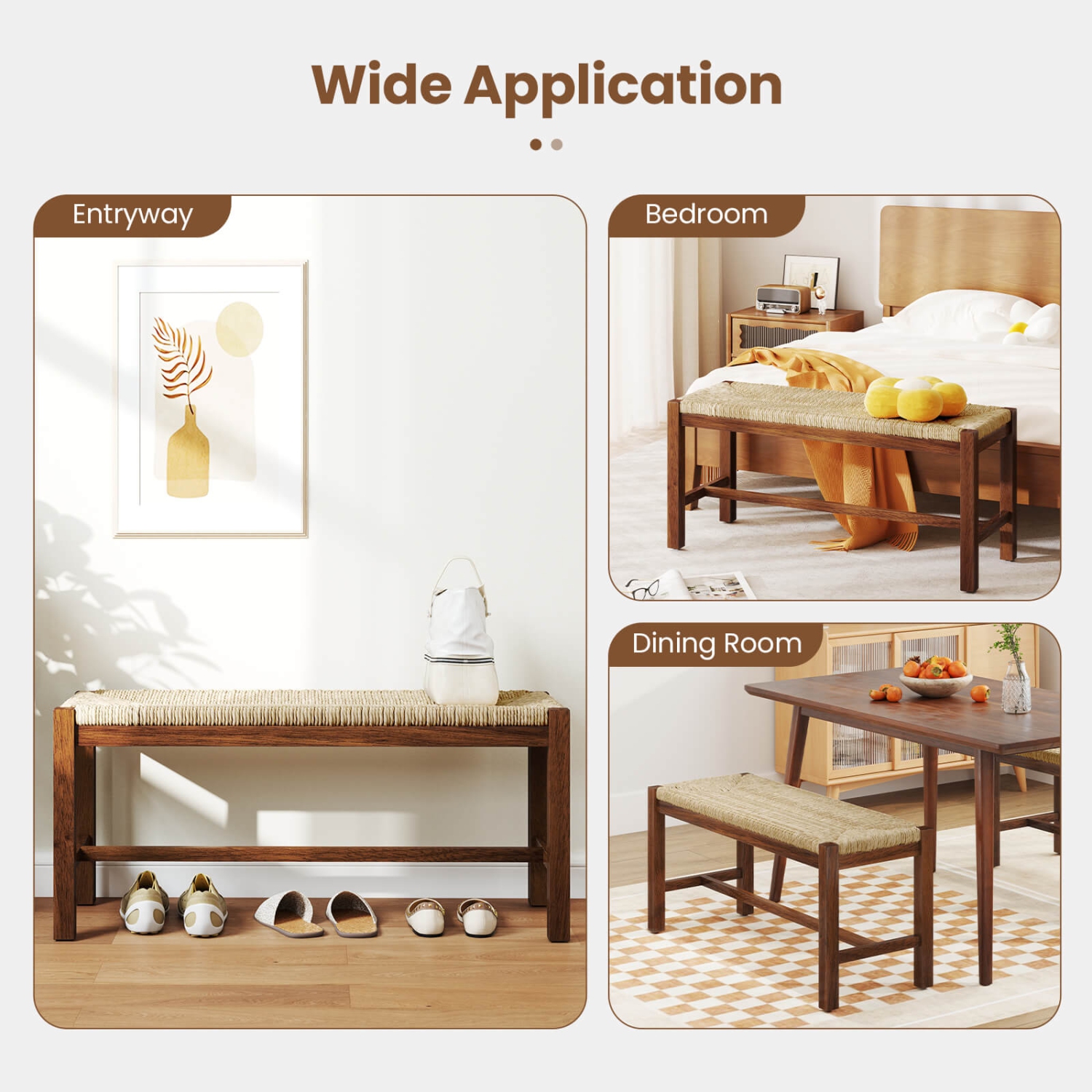 Banc intérieur en bois de 40 po de long pour salle à manger Entrée en bout de lit Banc de Costway, siège en herbe naturelle