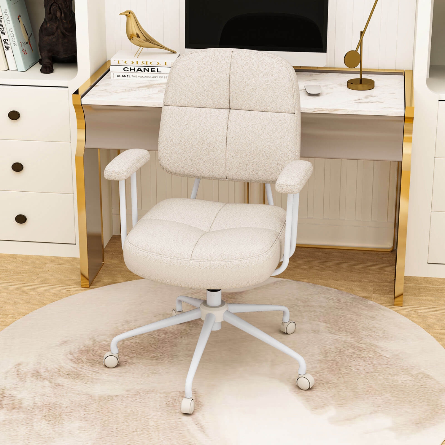 Chaise de bureau à revêtement en cuir/chenille de Costway, dossier rembourré et accoudoirs Brun/Beige