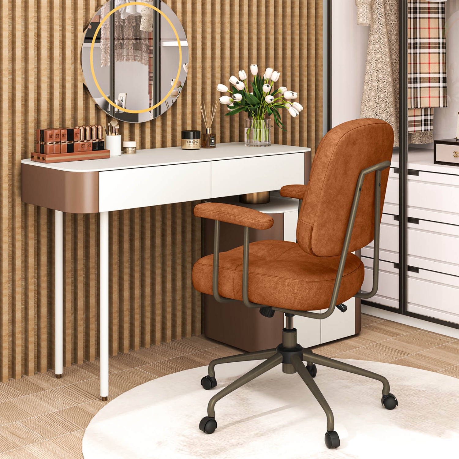 Chaise de bureau à revêtement en cuir/chenille de Costway, dossier rembourré et accoudoirs Brun/Beige