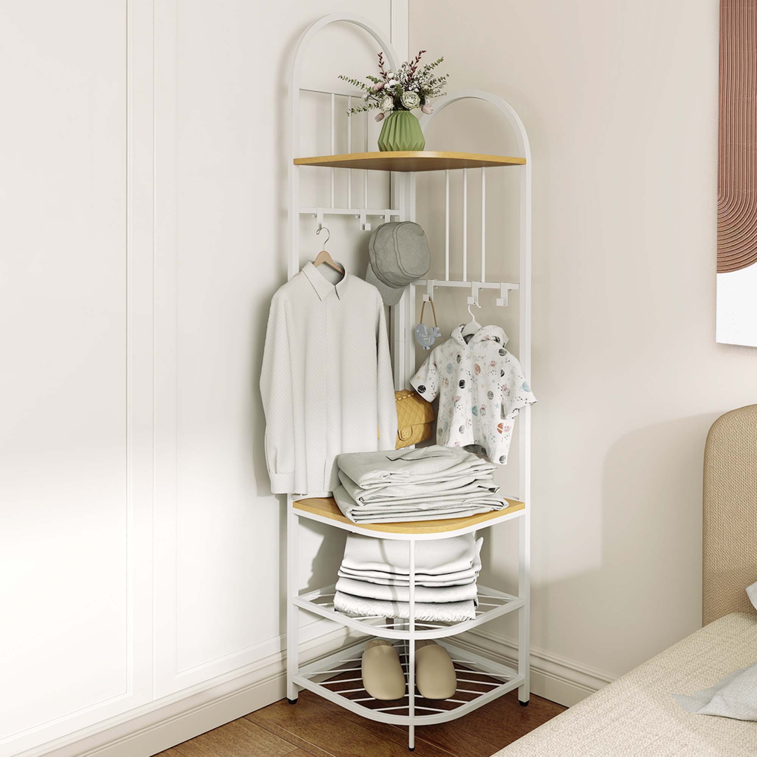 Portemanteau en coin à 4 niveaux avec banc de rangement pour chaussures de Costway 6 crochets amovibles Brun/Naturel/Blanc