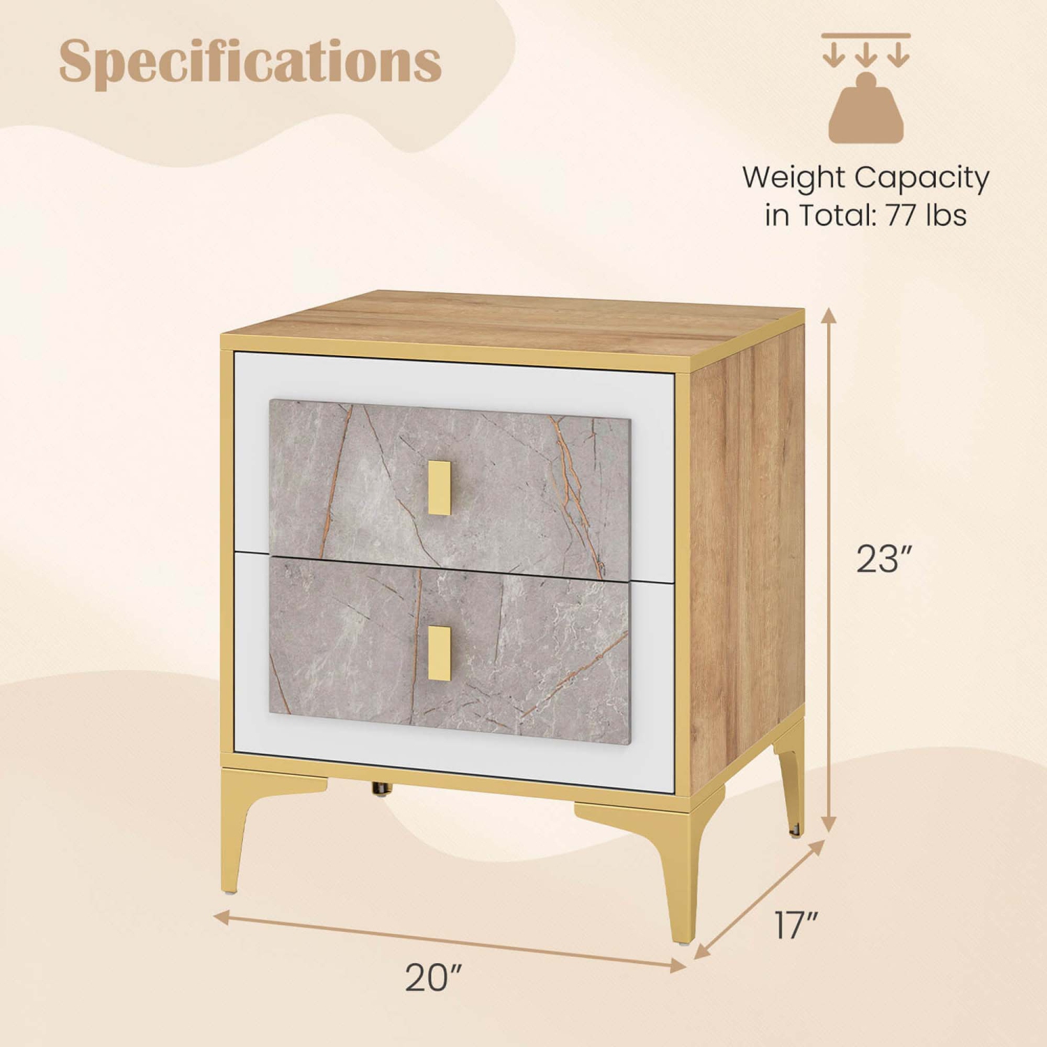 Table de chevet PC 1/2 de Costway avec table d'appoint en faux marbre et 2 tiroirs coulissants