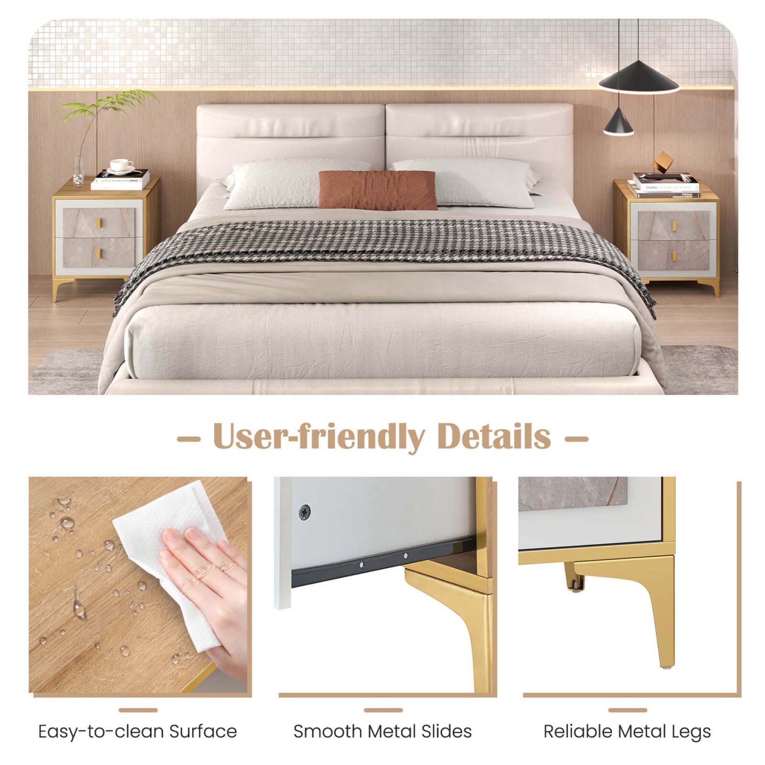 Table de chevet PC 1/2 de Costway avec table d'appoint en faux marbre et 2 tiroirs coulissants