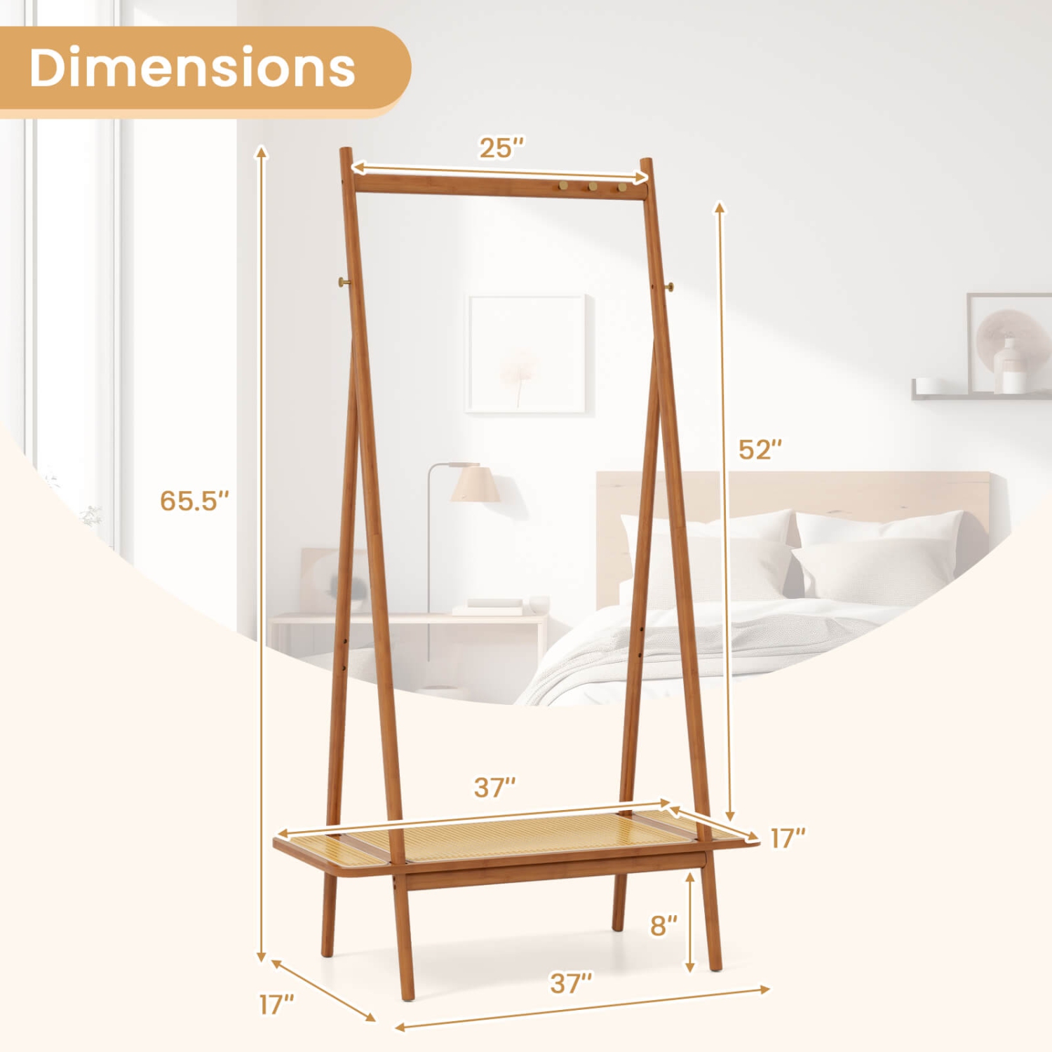 Support à vêtements en bambou de Costway avec tringle suspendue en rotin tablette et 5 crochets en cuivre café/naturel