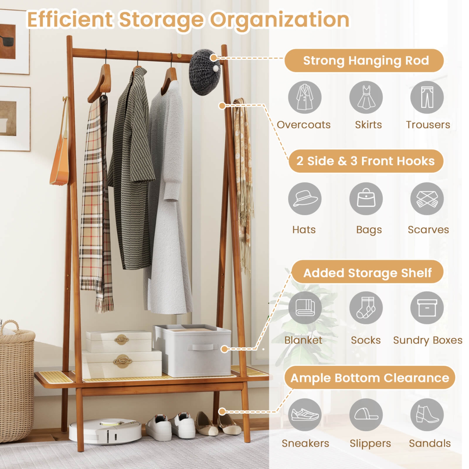 Support à vêtements en bambou de Costway avec tringle suspendue en rotin tablette et 5 crochets en cuivre café/naturel