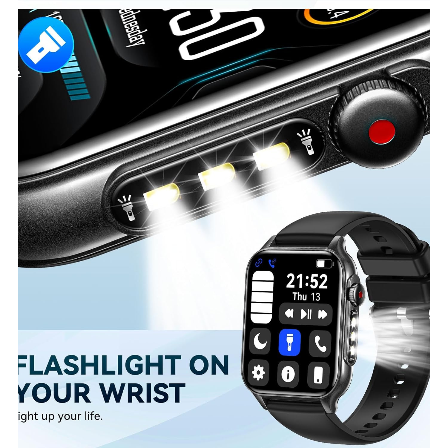 Smart Watches for Women Men with LED Flashlight, 1.96" HD Touch Screen Fitness Tracker with Health Monitor, Waterproof Smartwatch with 100+ Sports