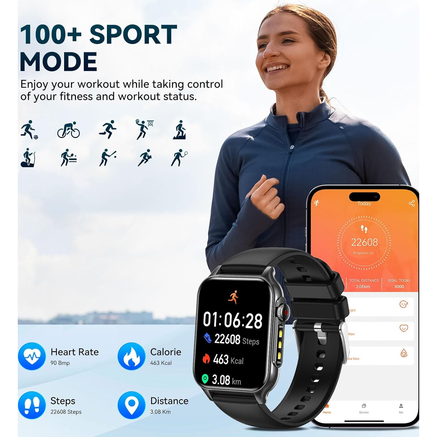 Smart Watches for Women Men with LED Flashlight, 1.96" HD Touch Screen Fitness Tracker with Health Monitor, Waterproof Smartwatch with 100+ Sports