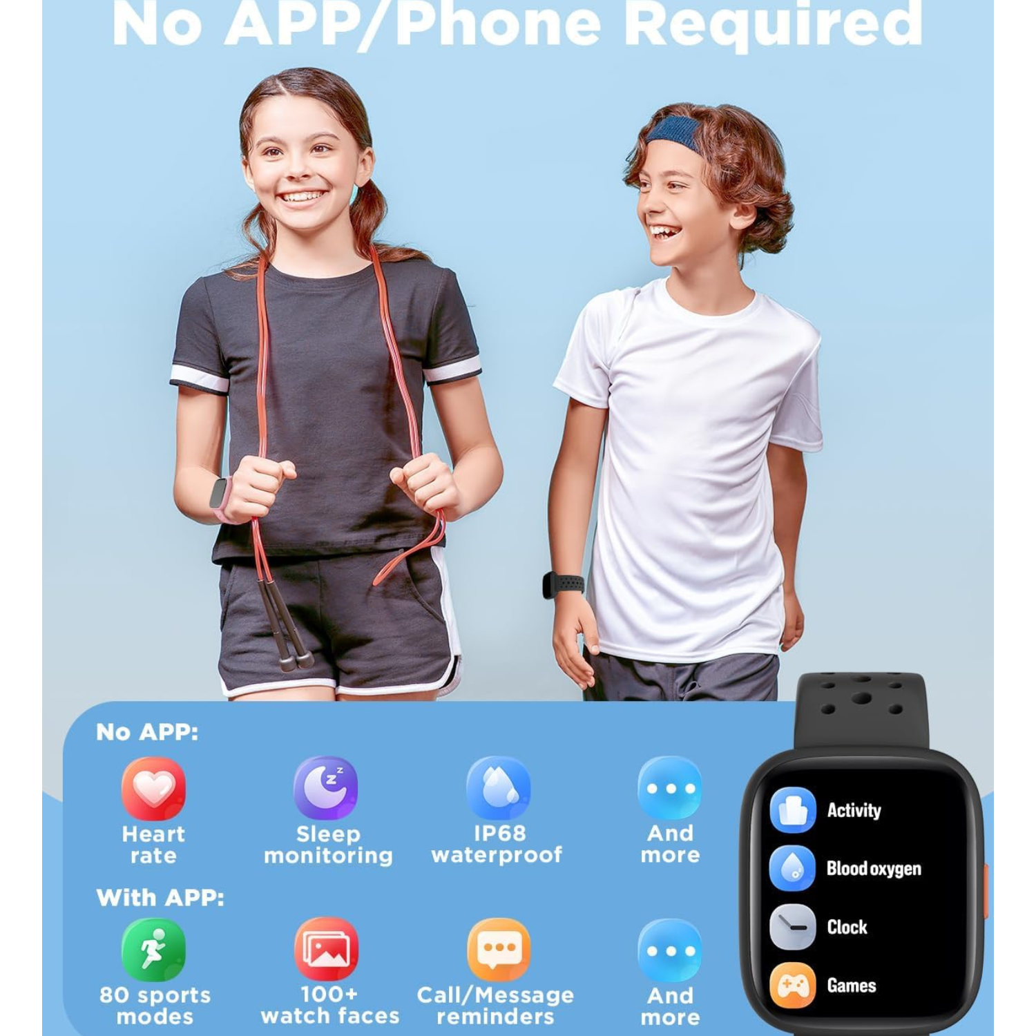 Mehiaz Smart Watch for Kids, 1.8" Fitness Tracker Watch Pedometer, Heart Rate, Sleep Monitor, IP68 Waterproof, Calorie Step Counter, Puzzle Games