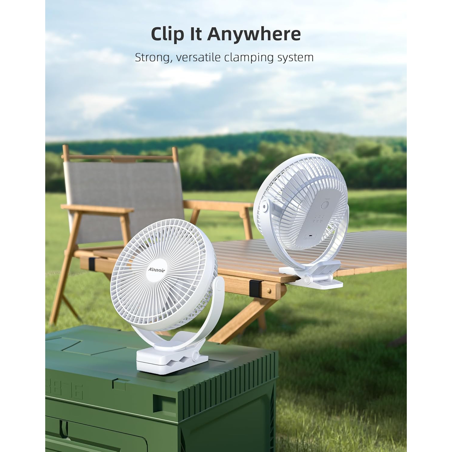 Koonie 10000mAh Rechargeable Portable Fan - 8-Inch Battery Operated Clip-On Fan, USB Charging, 4 Speeds, Strong Airflow, Sturdy Clamp for Office