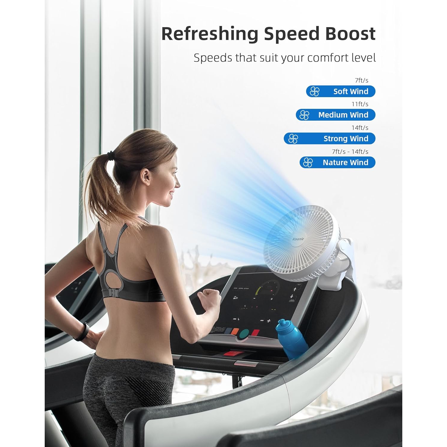 Koonie 10000mAh Rechargeable Portable Fan - 8-Inch Battery Operated Clip-On Fan, USB Charging, 4 Speeds, Strong Airflow, Sturdy Clamp for Office