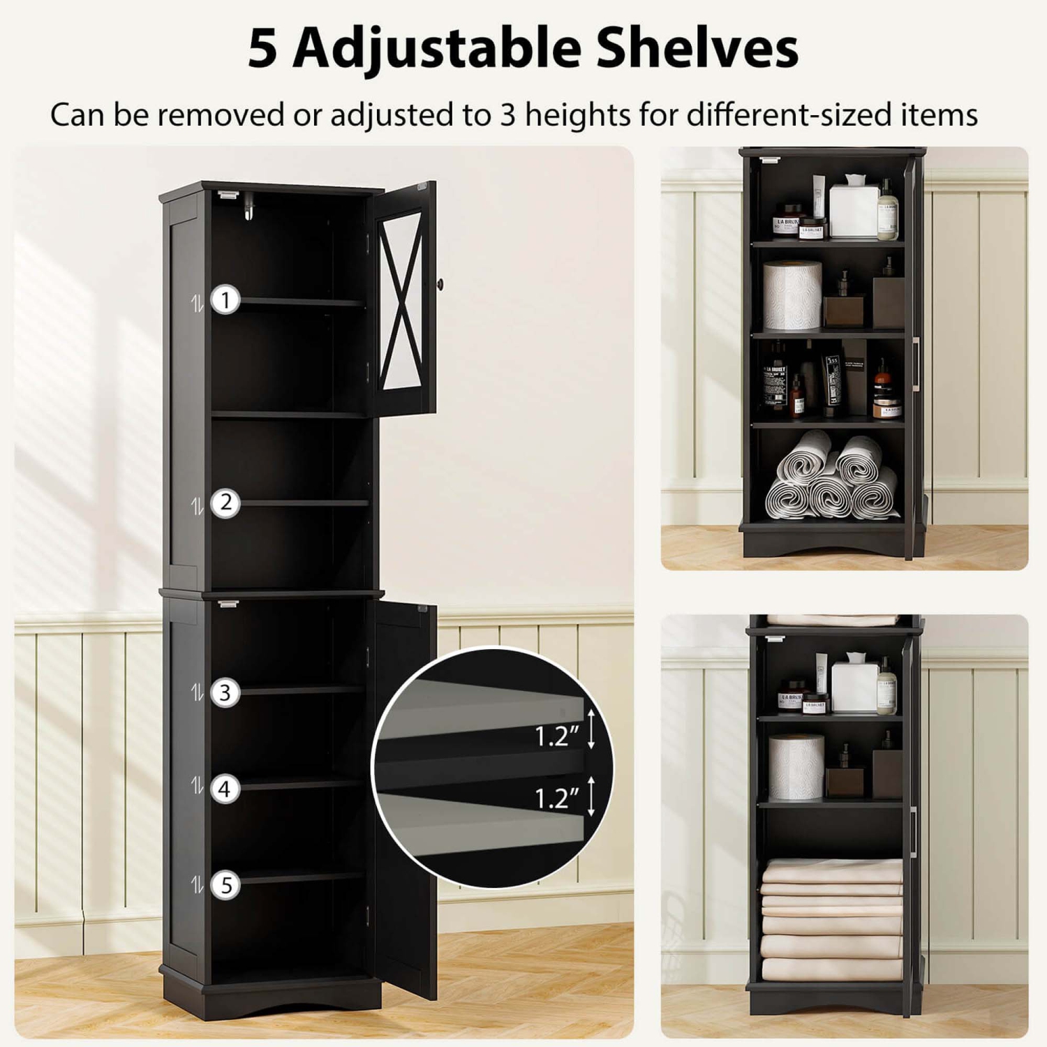 Costway 67" Tall Bathroom Cabinet Freestanding Storage Cabinet with 5 Adjustable Shelves Black/Gray/White