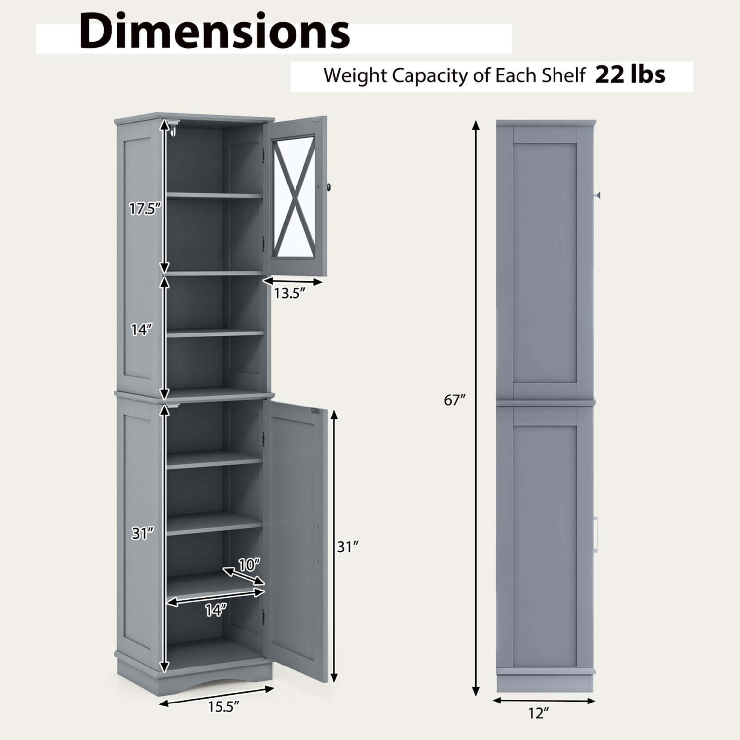Costway 67" Tall Bathroom Cabinet Freestanding Storage Cabinet with 5 Adjustable Shelves Black/Gray/White