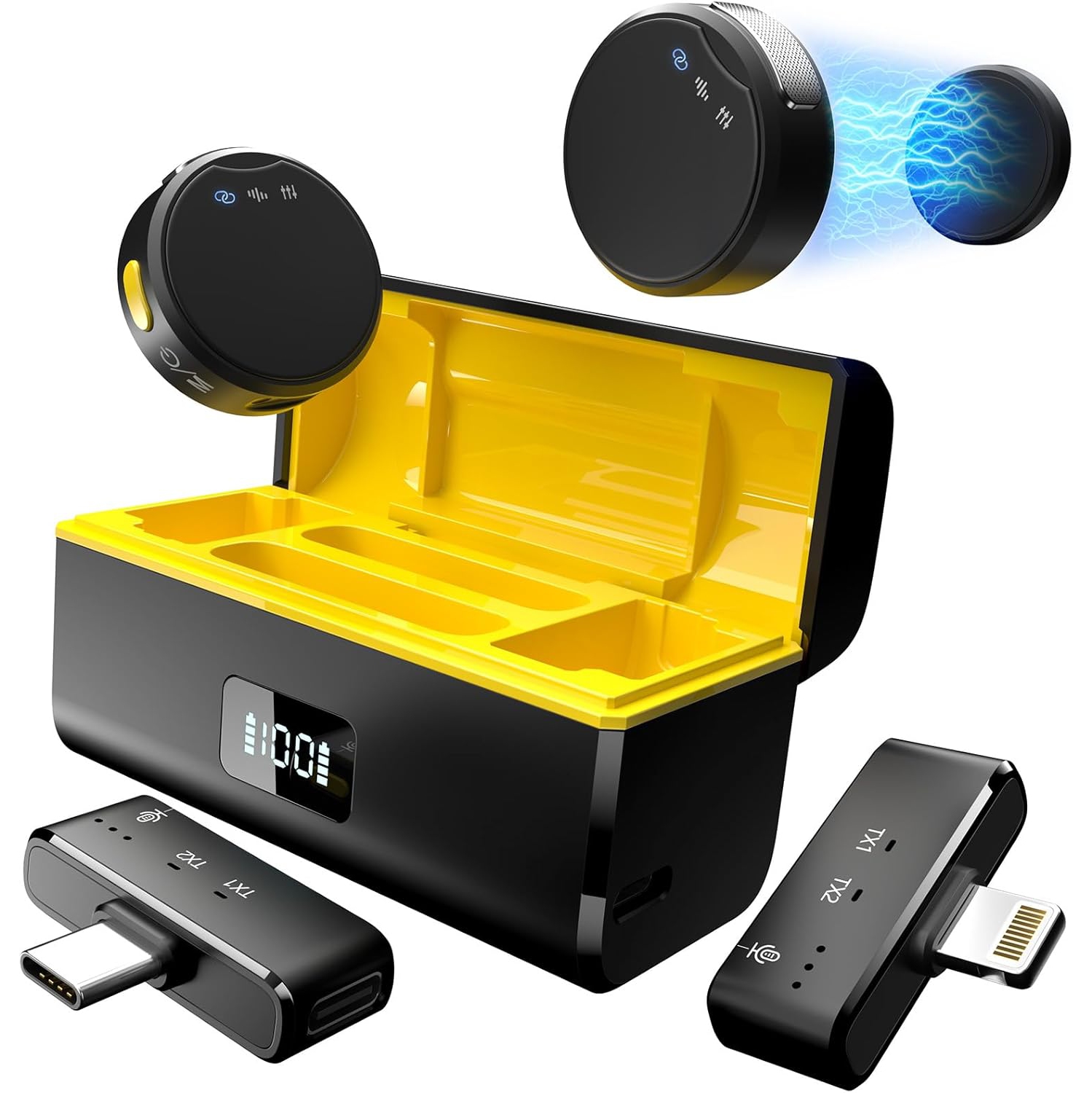 Rythflo Wireless Lavalier Microphone for iPhone/Android - 2 TX + 2 RX + Charging Case, Noise Cancellation, 35H Battery Life, Clip-on Lapel Mic