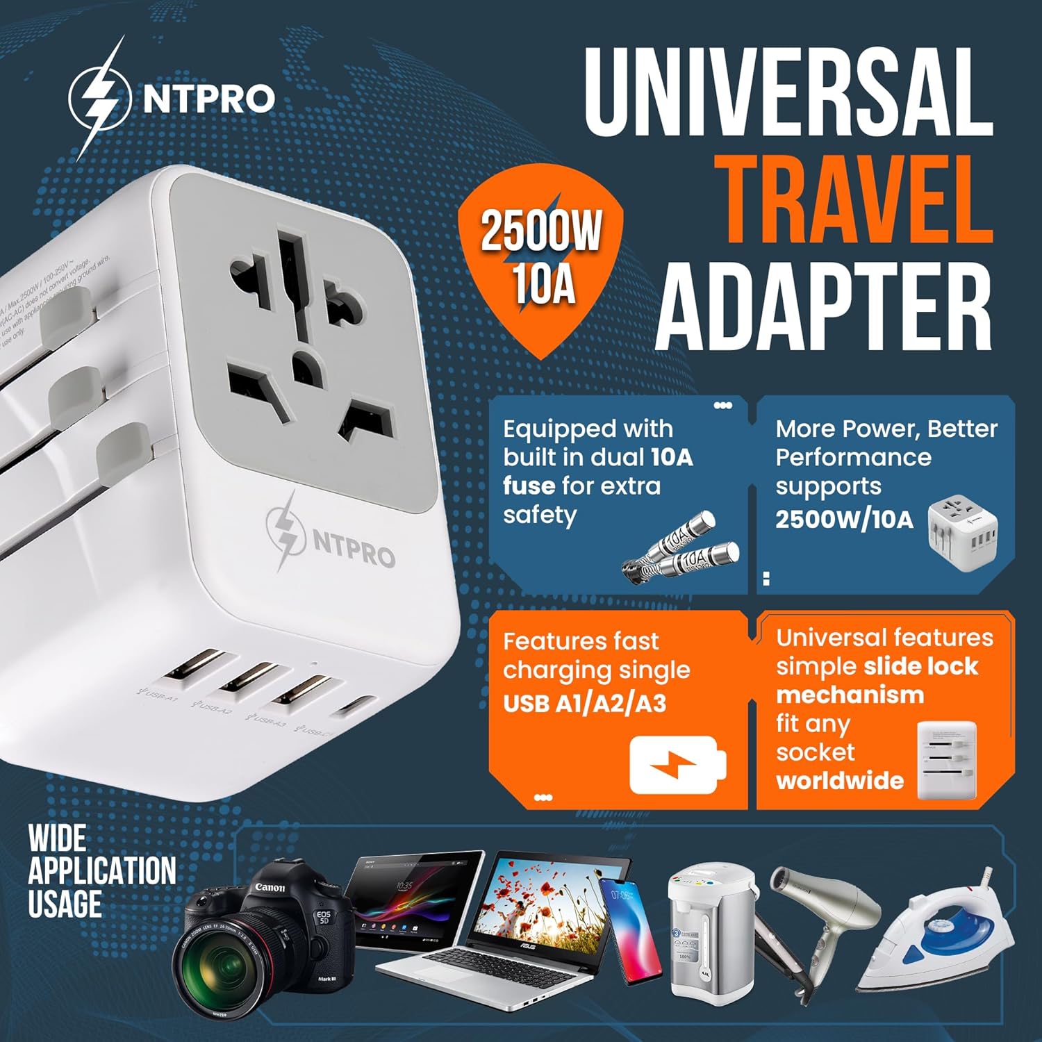 NTPRO Universal Travel Adapter – High Capacity 10A Fast Charging with 4USB 3A & 1C – International Plug for 160+ Countries, White