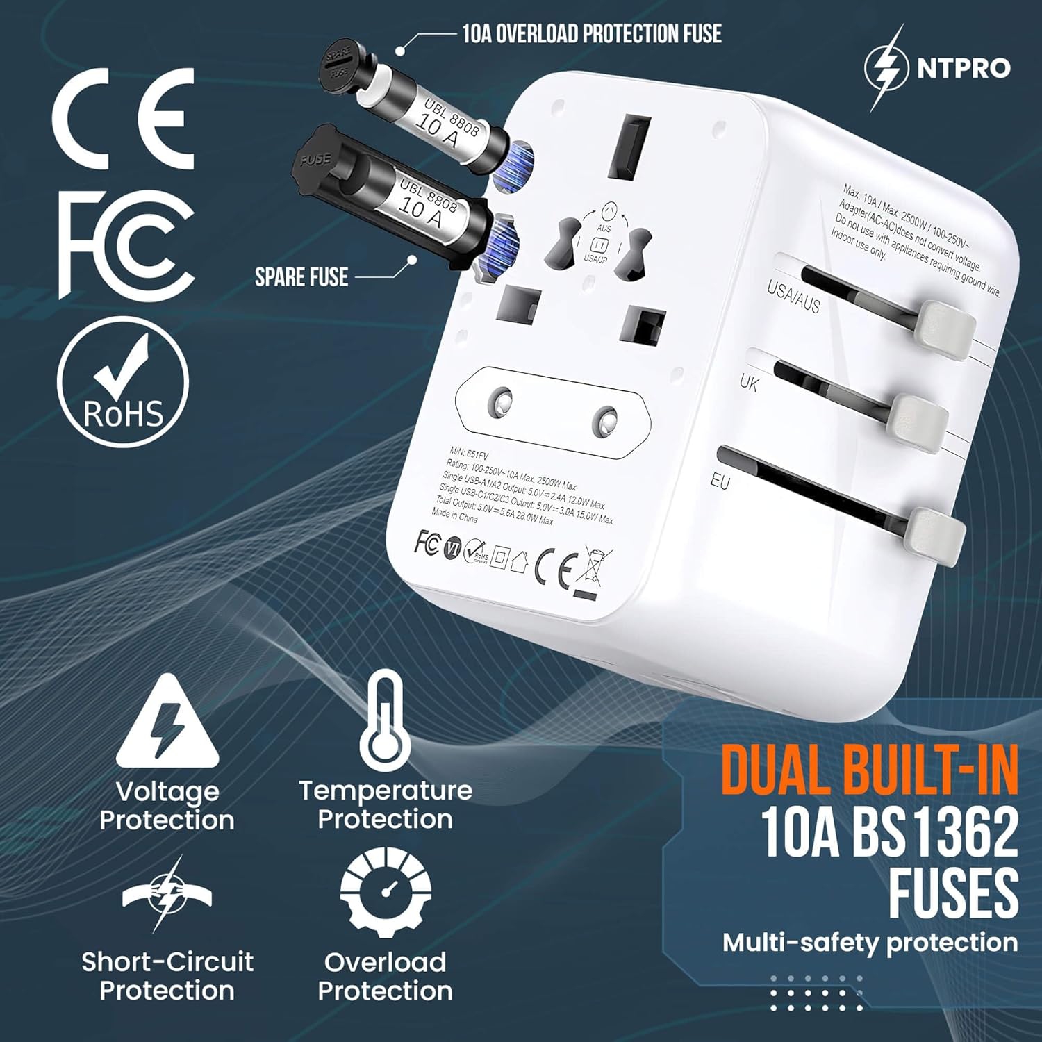 NTPRO Universal Travel Adapter – High Capacity 10A Fast Charging with 4USB 3A & 1C – International Plug for 160+ Countries, White