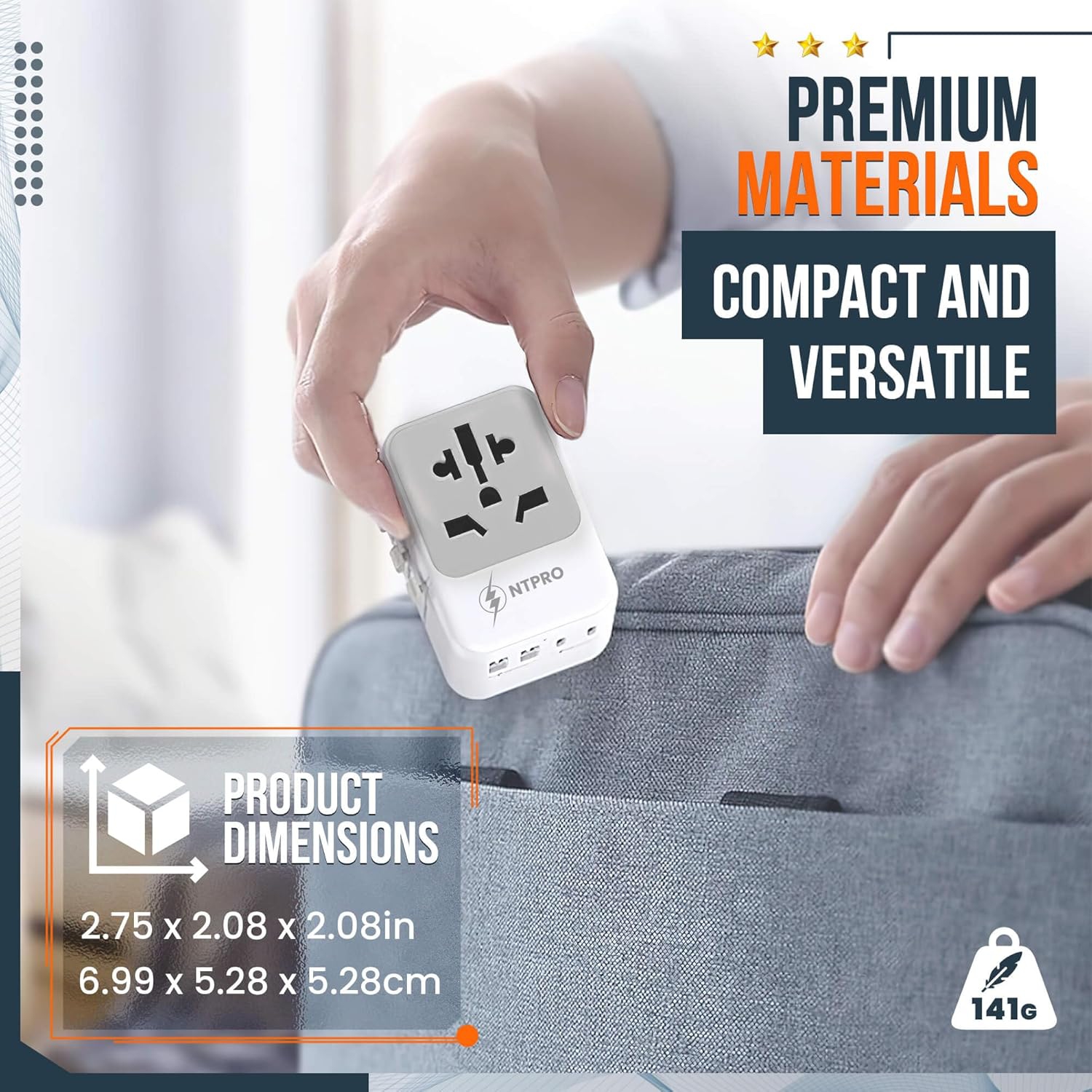 NTPRO Universal Travel Adapter – High Capacity 10A Fast Charging with 4USB 3A & 1C – International Plug for 160+ Countries, White