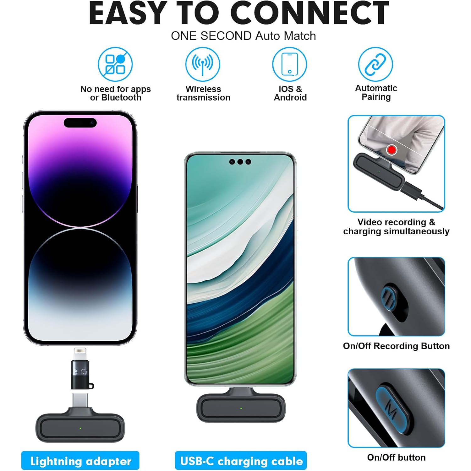 Paquet de 2 micro-cravate sans fil de Veqotya pour iPhone/iPad/Android – Mini micro à pince avec étui de chargement et réduction du bruit