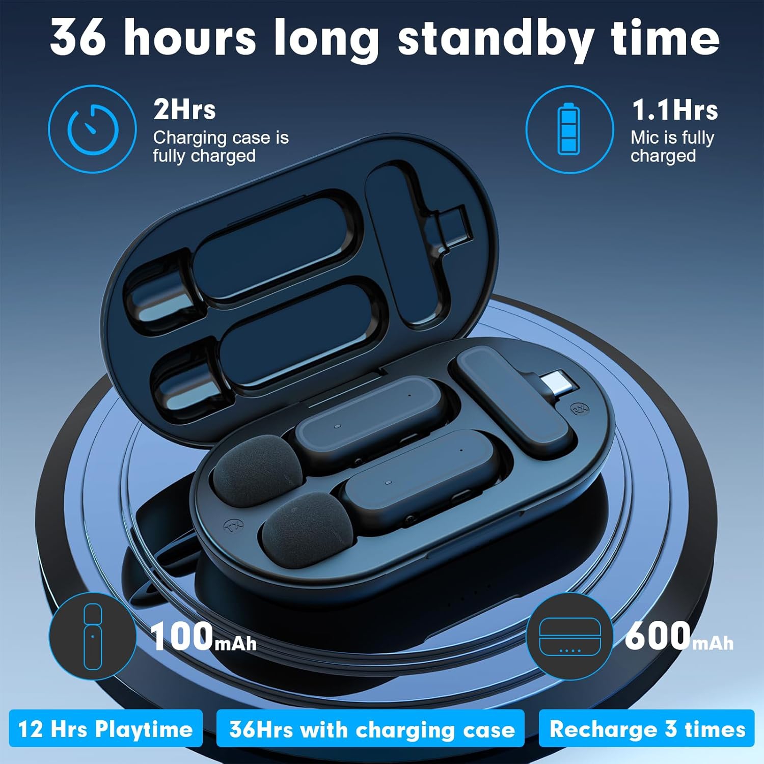 Paquet de 2 micro-cravate sans fil de Veqotya pour iPhone/iPad/Android – Mini micro à pince avec étui de chargement et réduction du bruit