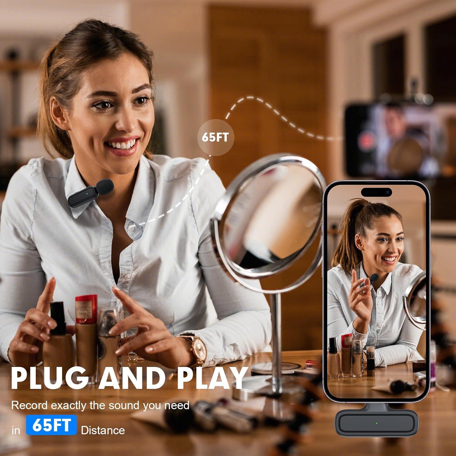 Paquet de 2 micro-cravate sans fil de Veqotya pour iPhone/iPad/Android – Mini micro à pince avec étui de chargement et réduction du bruit