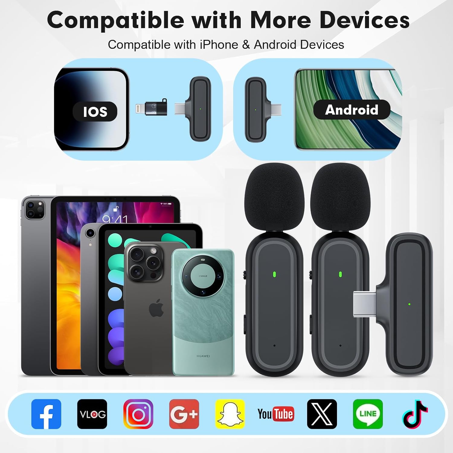 Paquet de 2 micro-cravate sans fil de Veqotya pour iPhone/iPad/Android – Mini micro à pince avec étui de chargement et réduction du bruit